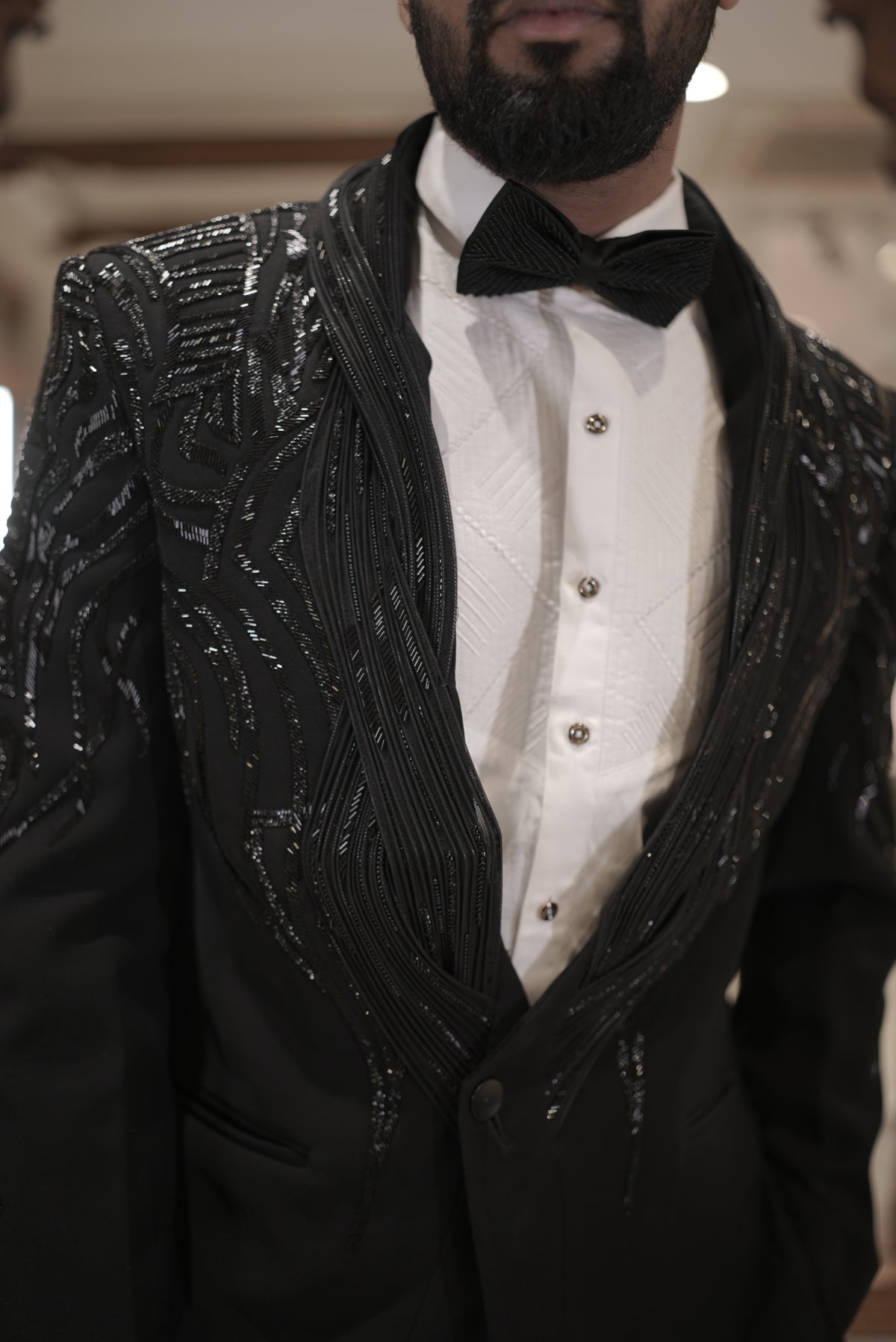 Black tuxedo with embroidered collar