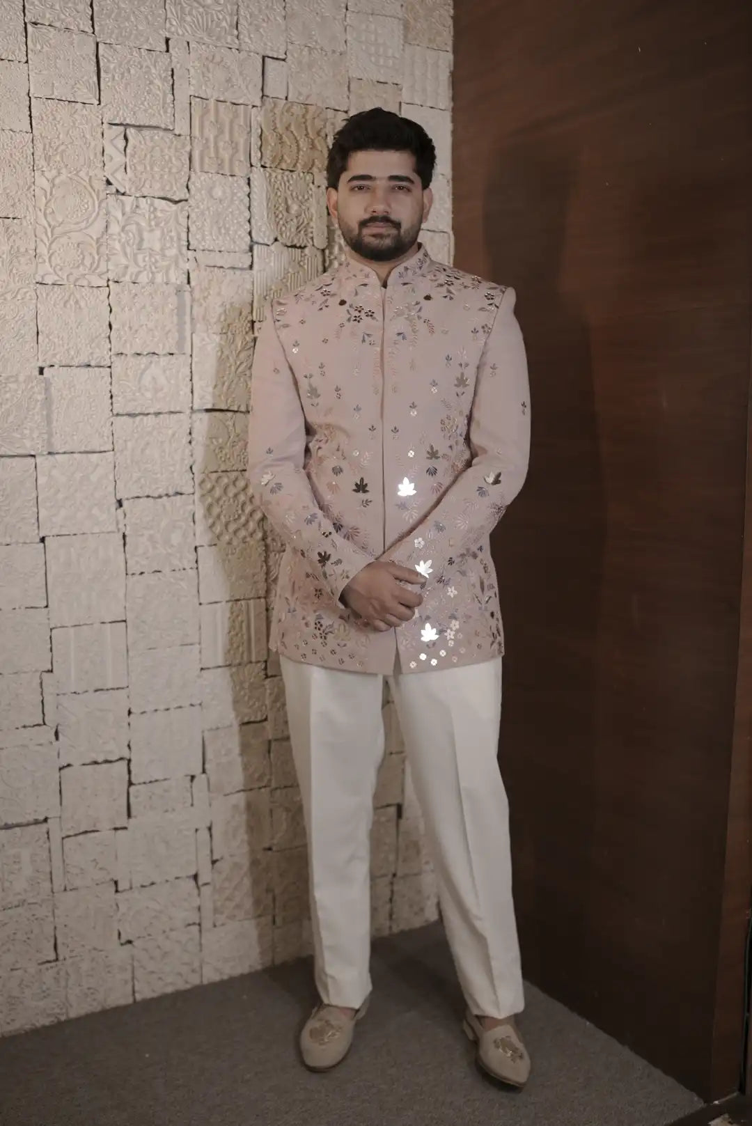 Pastel Pink Bandgala with floral motifs & Mirrorwork