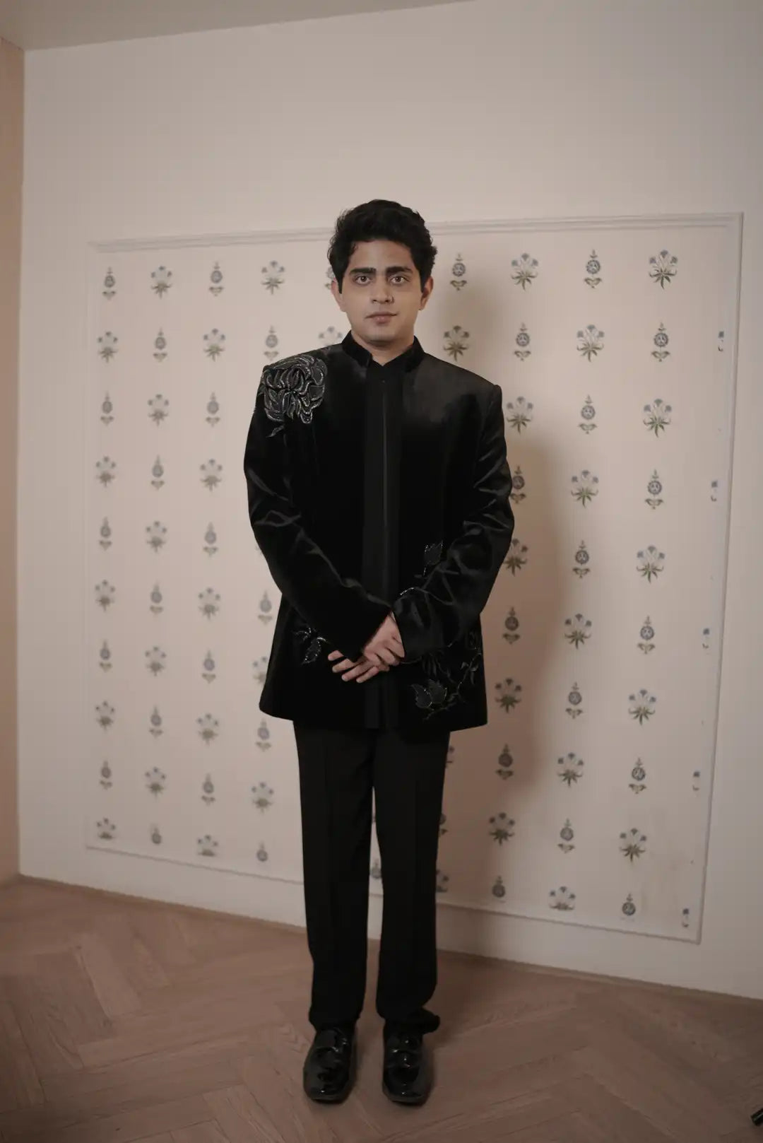 Black Velvet jacket style Indo-western with floral motifs