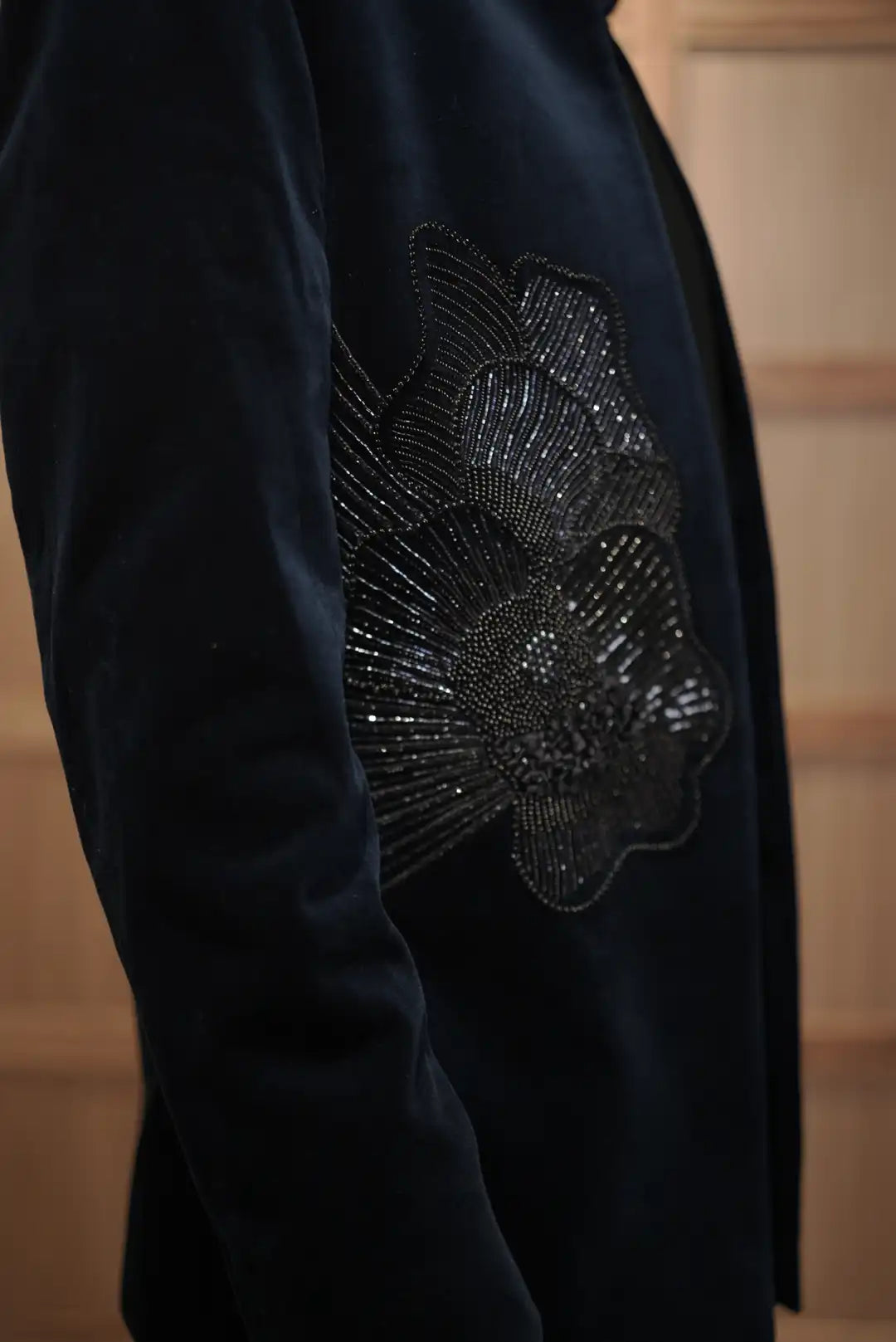 Blue Velvet Indowestern asymmetric kurta set & floral embroidery