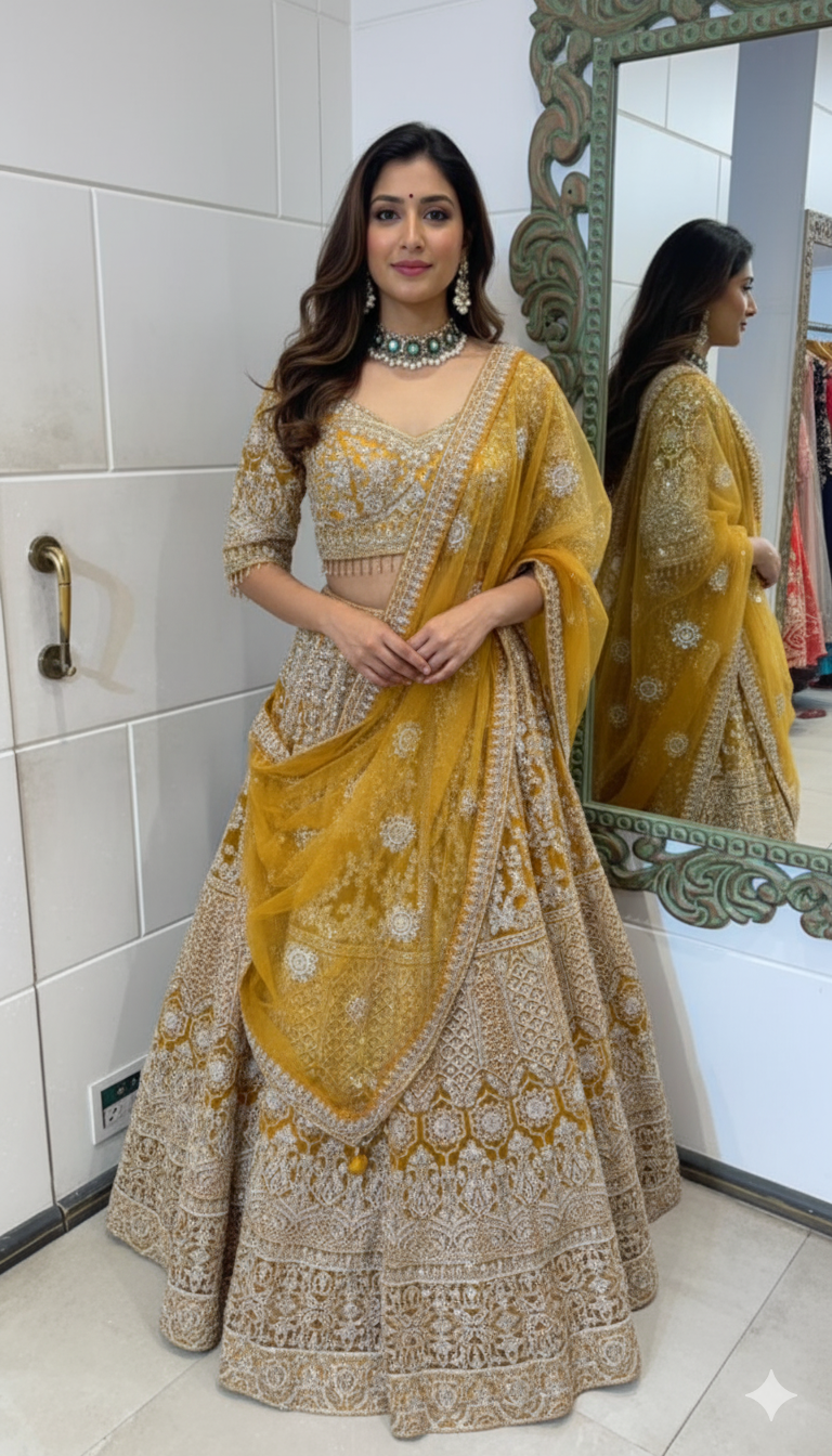 Golden Embroidered Lehenga with Mustard Dupatta