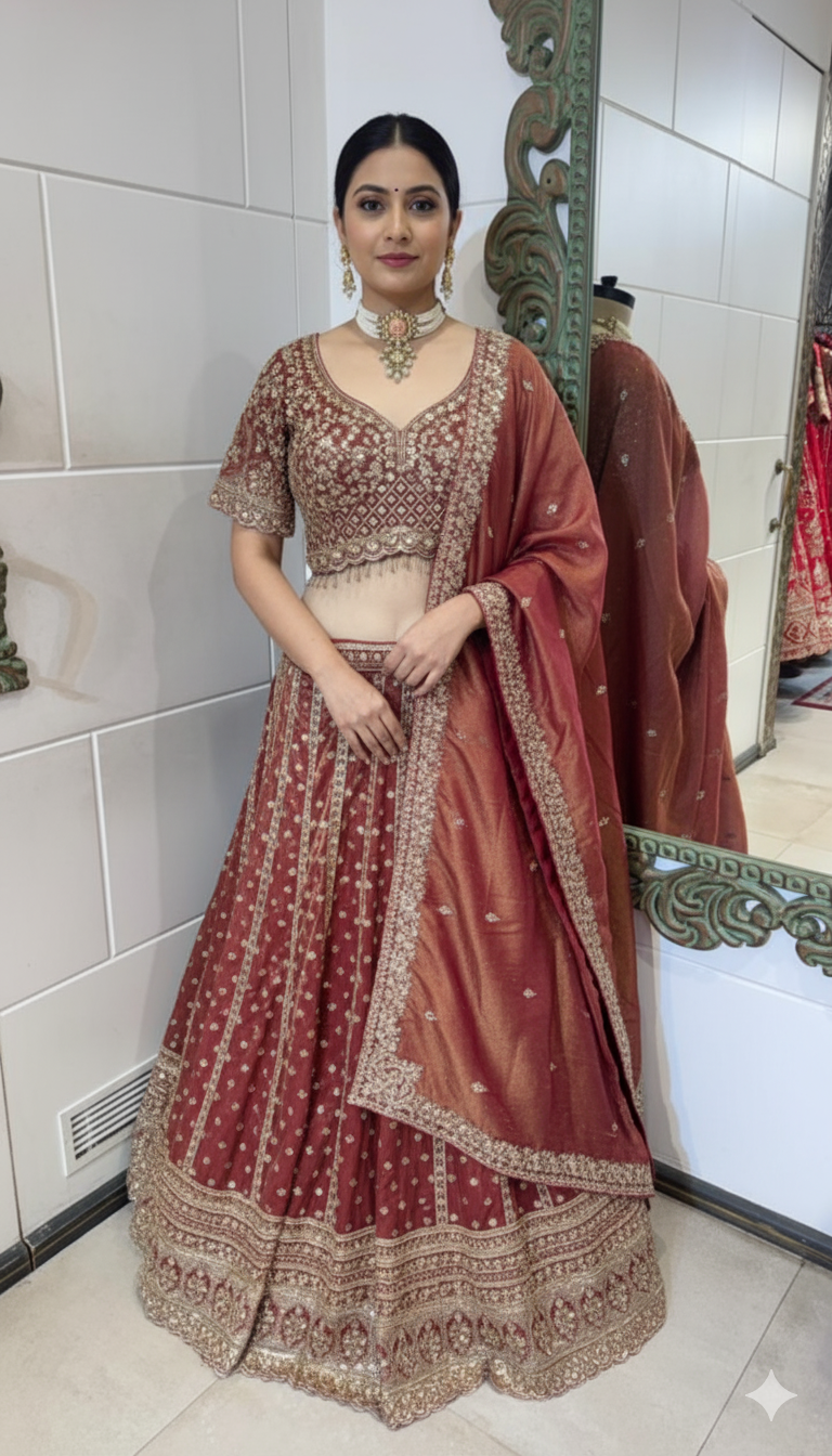 Rust Red Zardozi Embroidered Lehenga