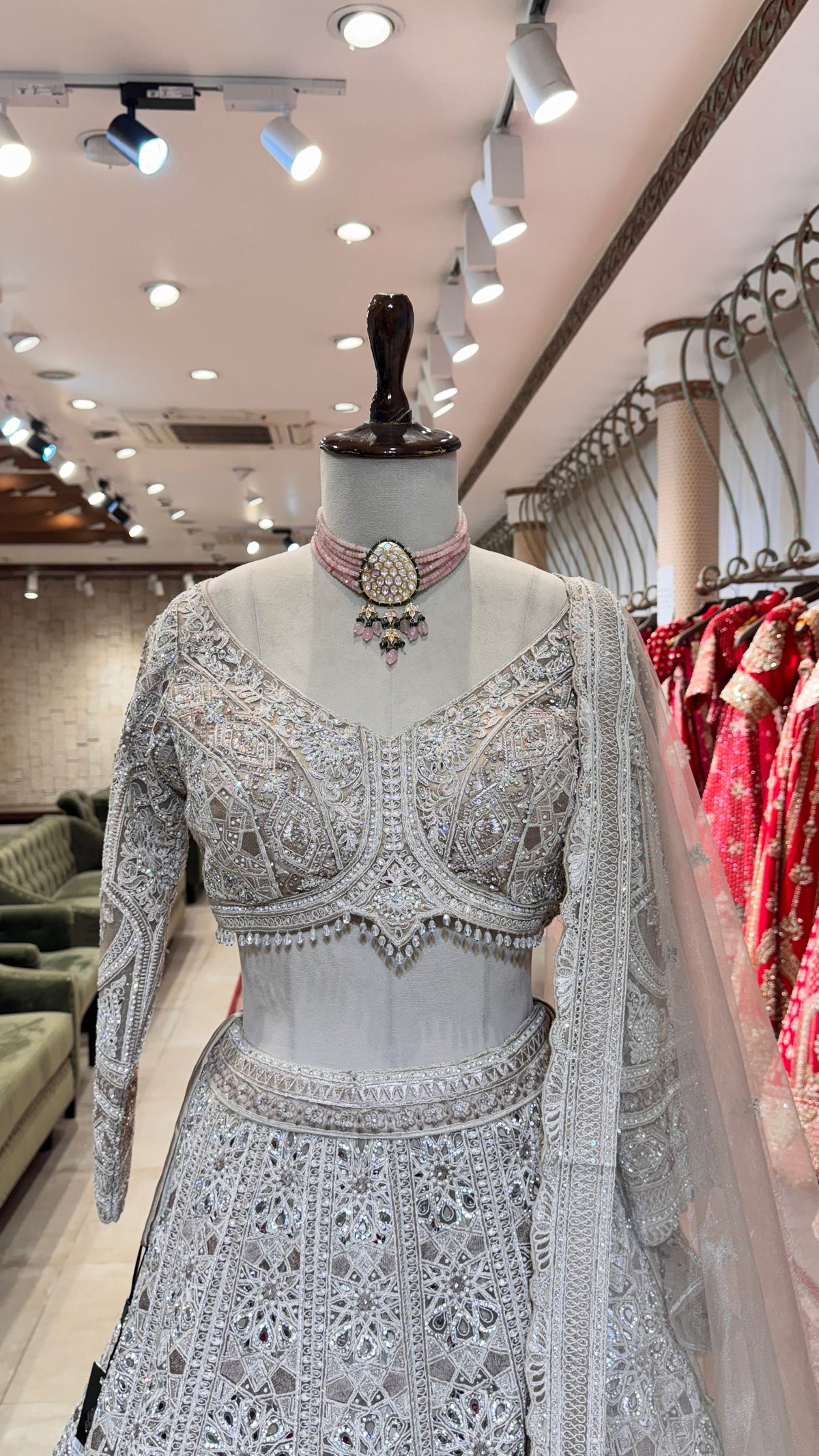 Silver Lehenga with Mirror & Stonework