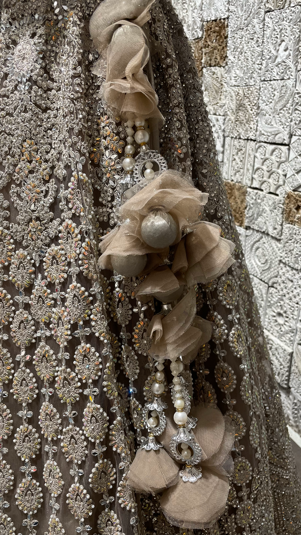 Beige Mirrorwork Net Lehenga with Sequin & Pearl Embellishments