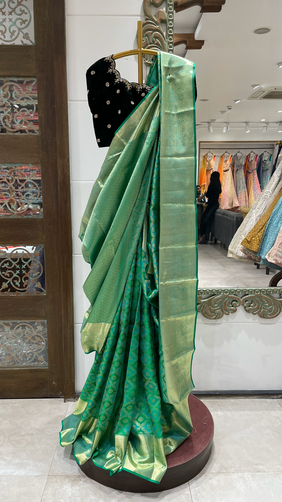Green Kanjivaram Silk Saree with Golden Zari and Black Blouse