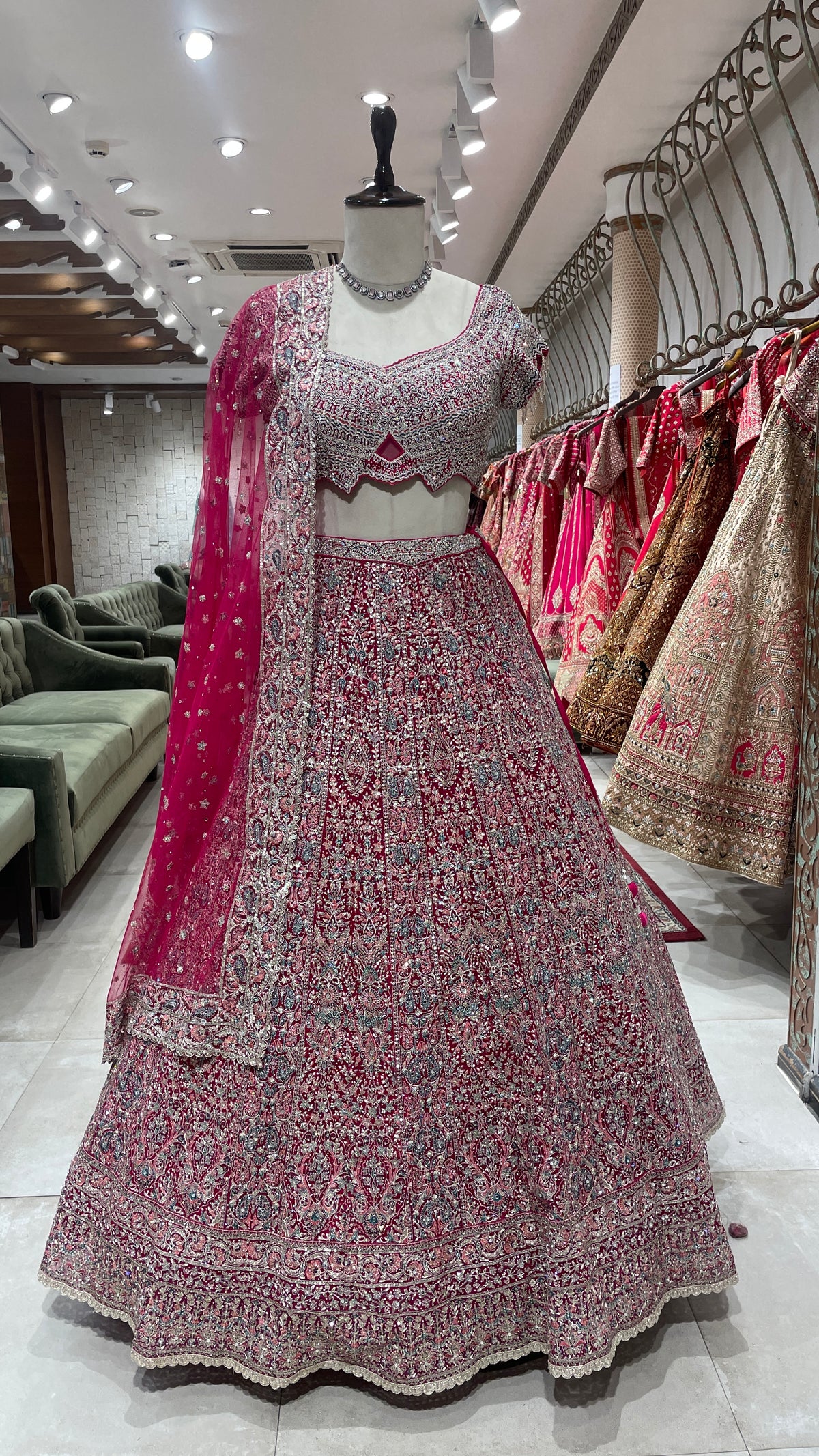 Pink Net Lehenga with Floral Motifs