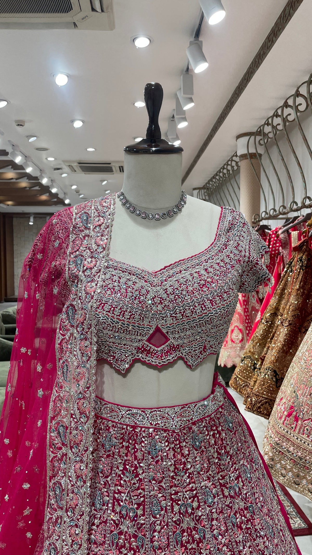 Pink Net Lehenga with Floral Motifs