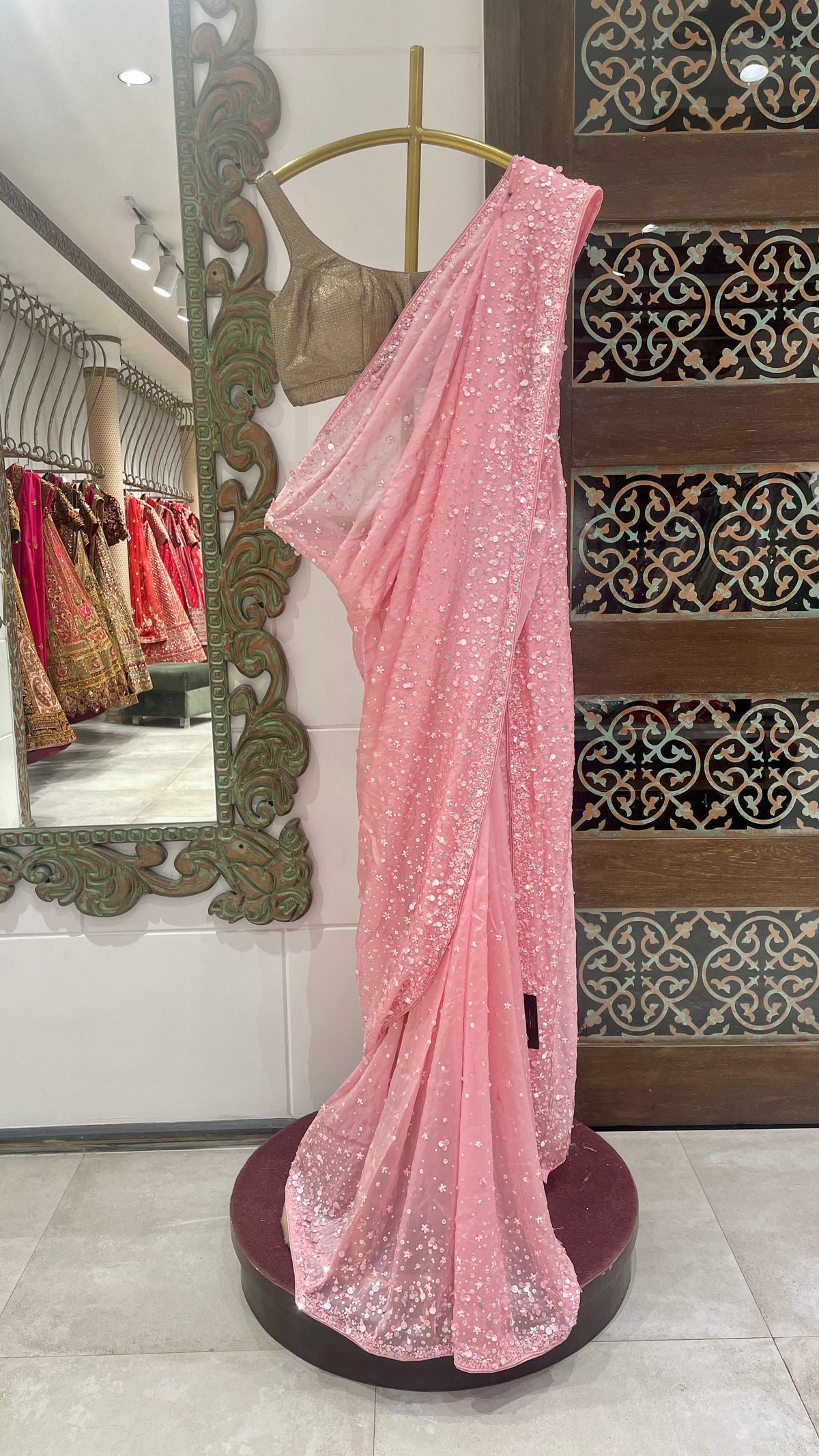 Pink Sequin Saree with Golden Blouse