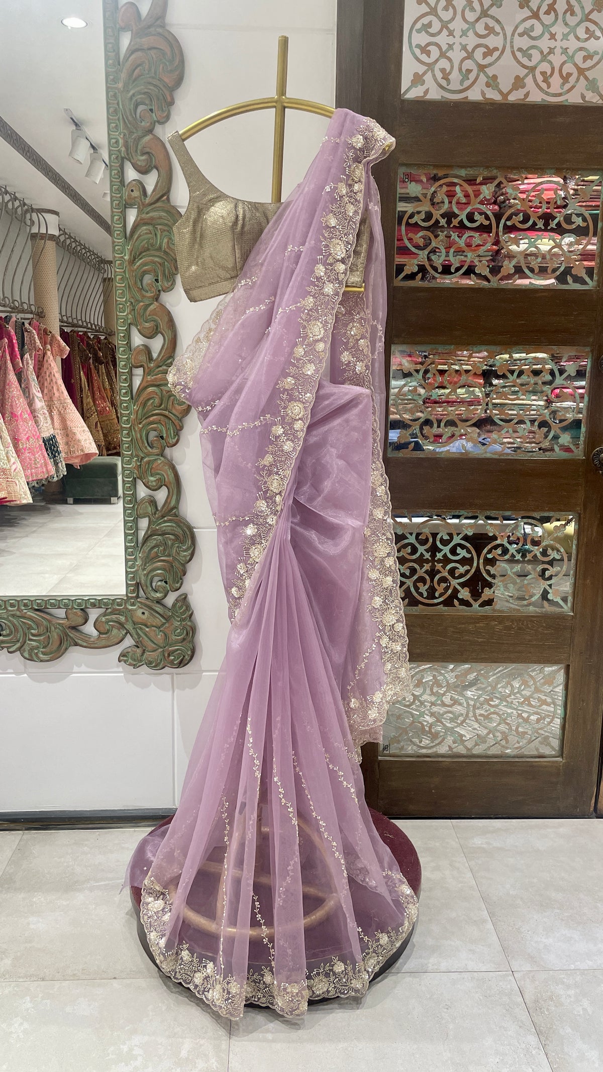 Purple Saree with Golden Embellished Border and Blouse