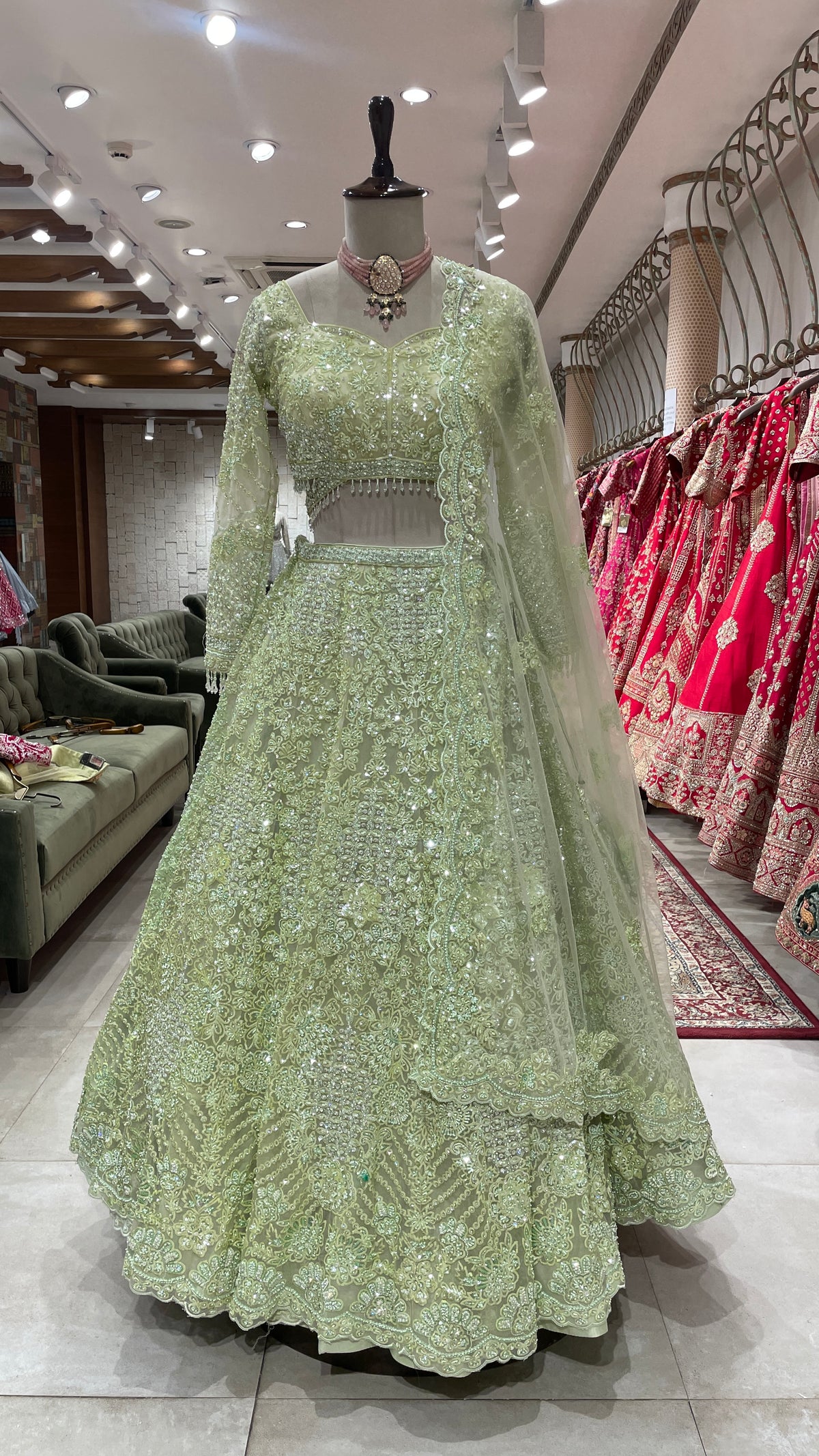 Pista Green Lehenga with Sequins & Pearlwork