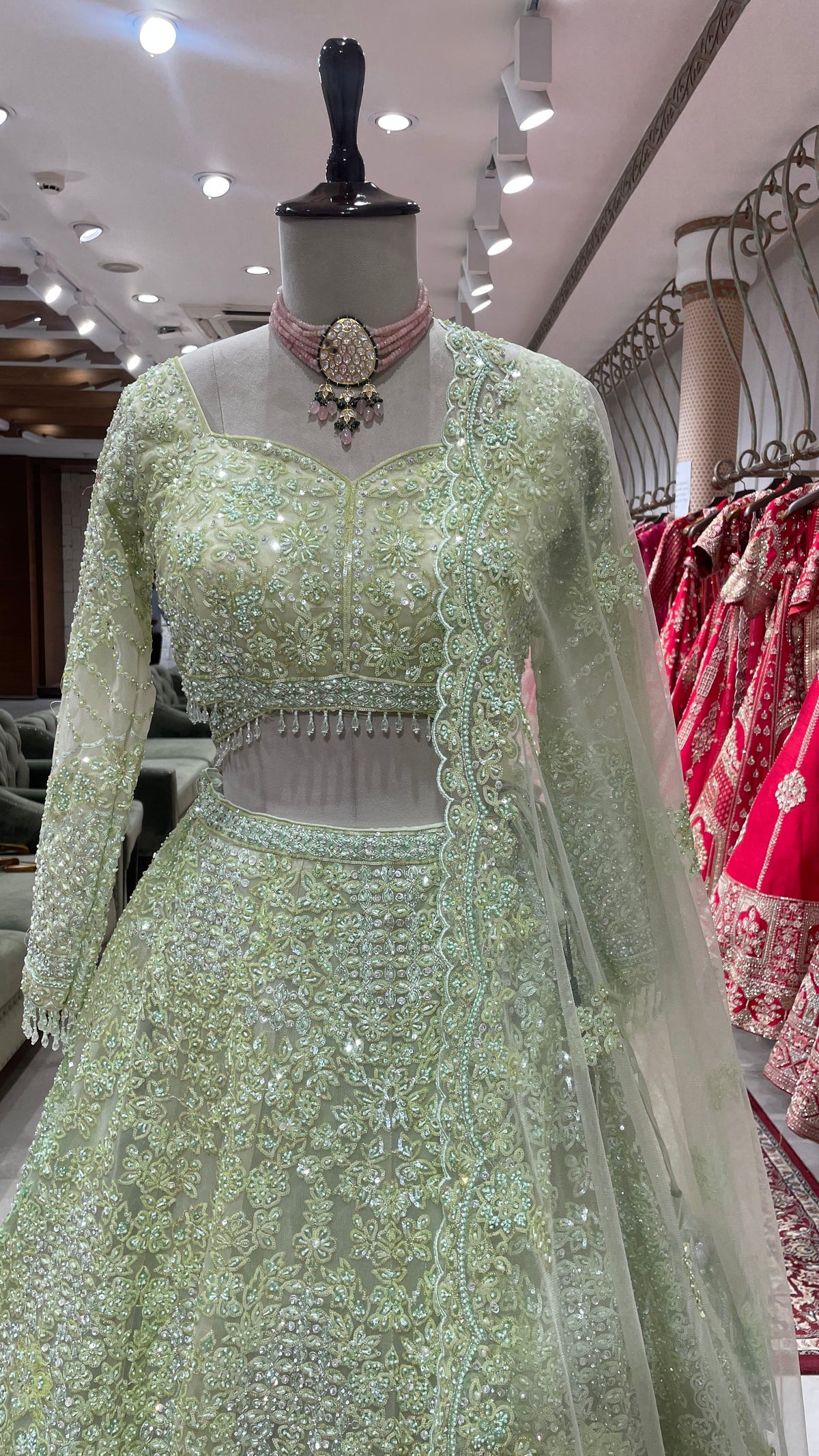 Pista Green Lehenga with Sequins & Pearlwork