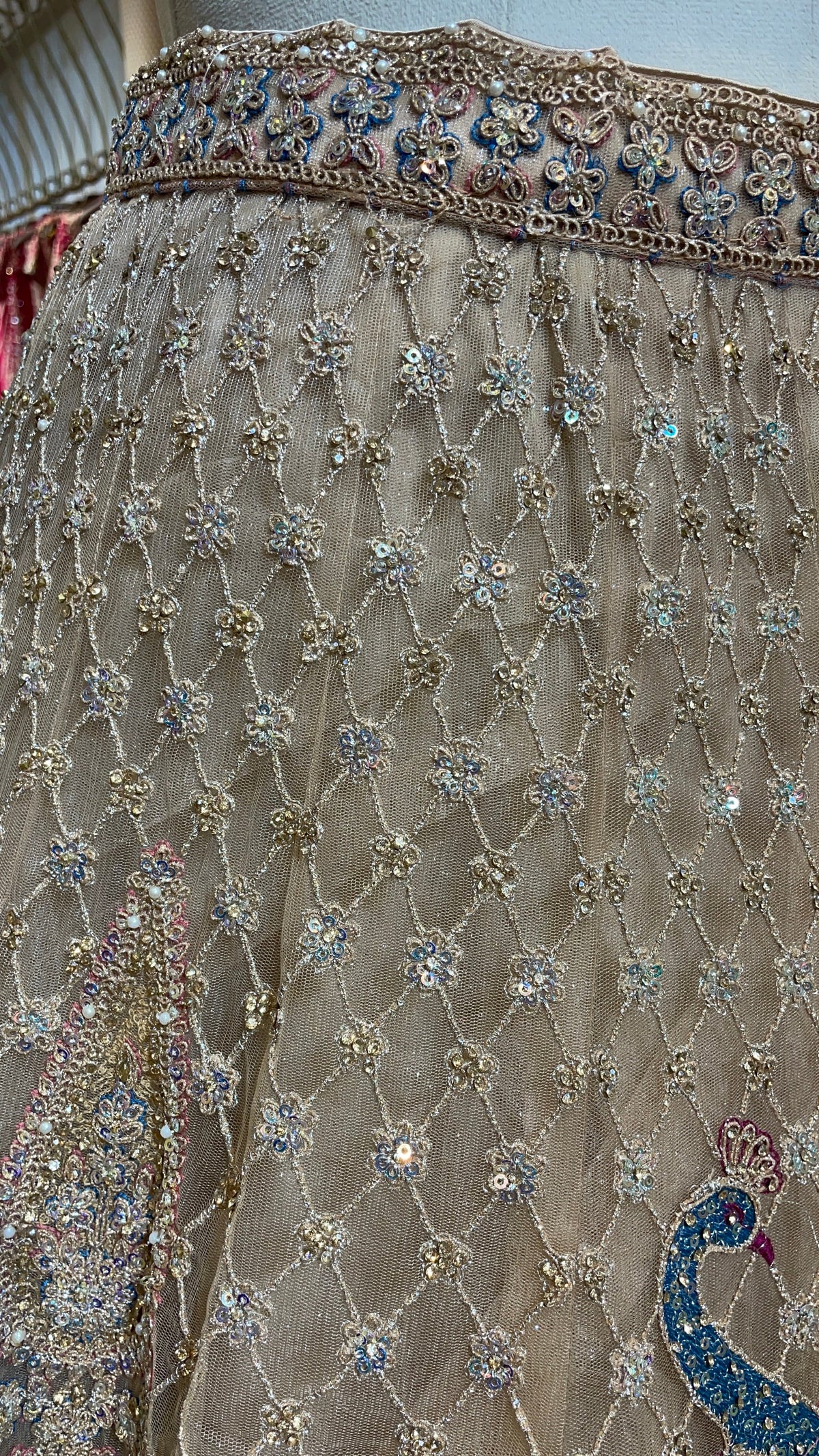 Gold Multicolour Net Lehenga with Peacock Motifs