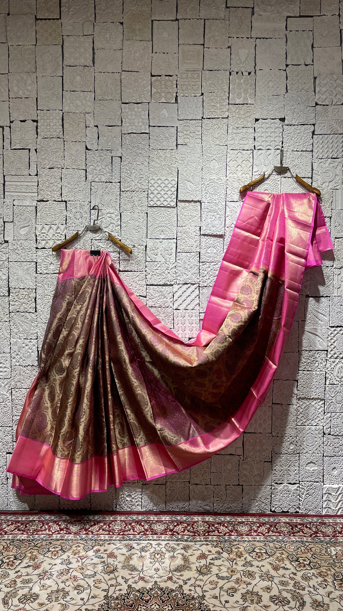 Brown silk kanjvaram saree with pink border
