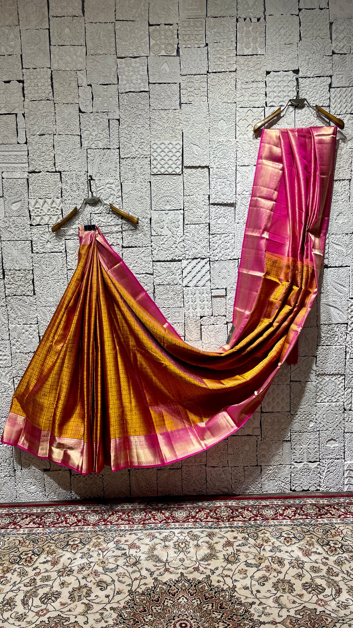 Mustard Silk kanjivaram saree with pink border
