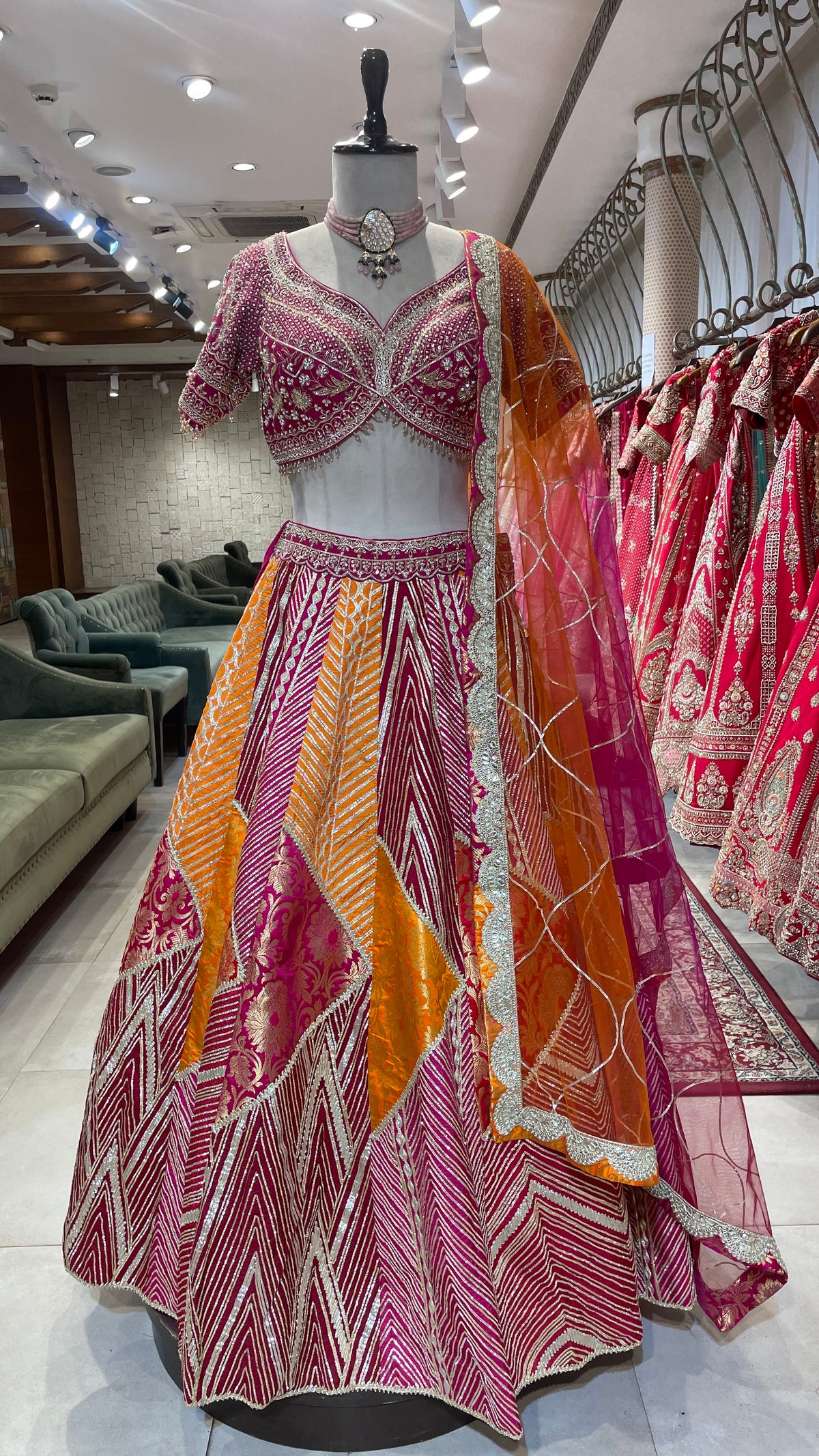Silk multicoloured lehenga with Banarsi work and Gota Patti highlights
