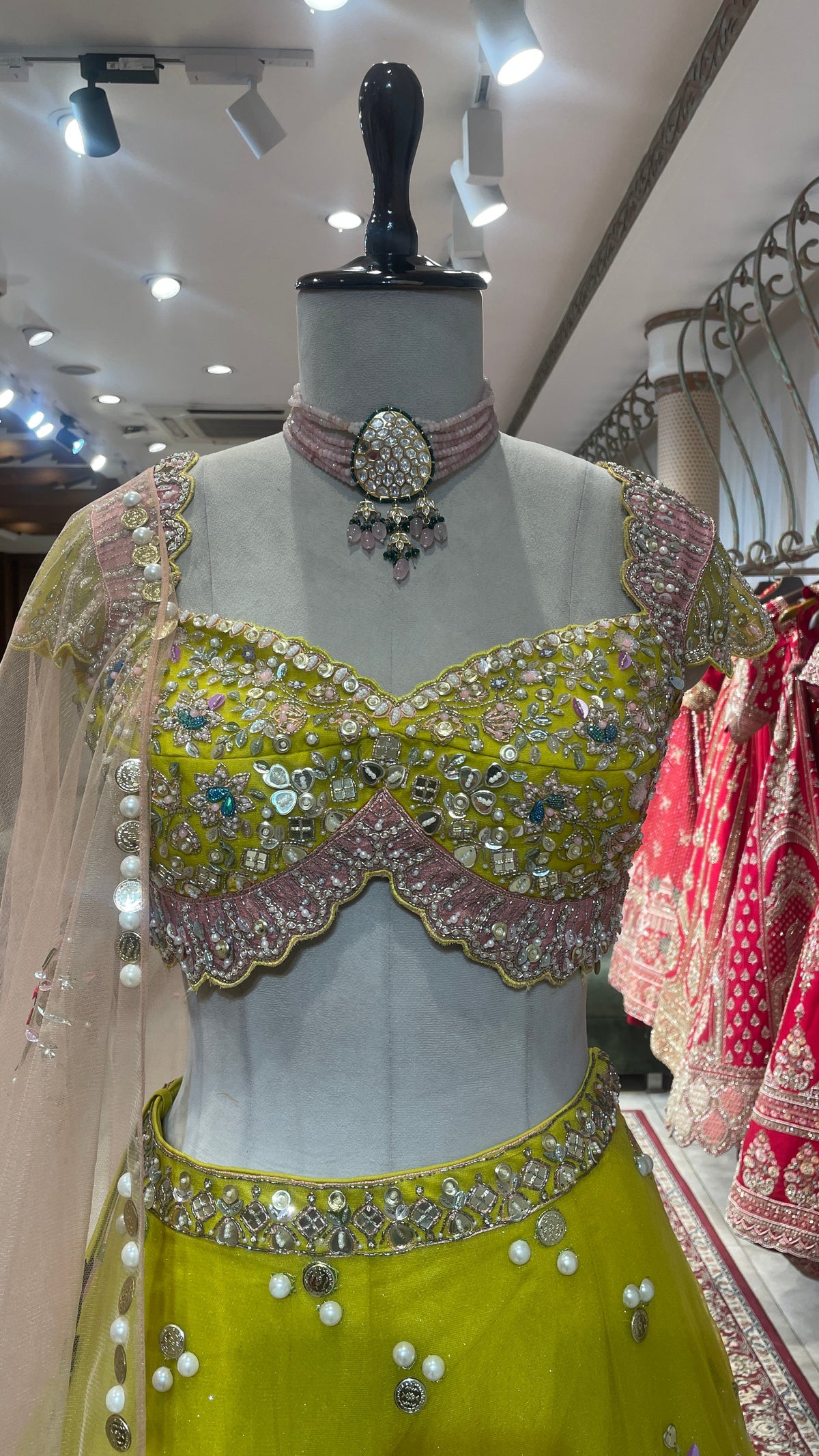 Green Net Lehenga with Pearl Embellishments & Contrasting Dupatta