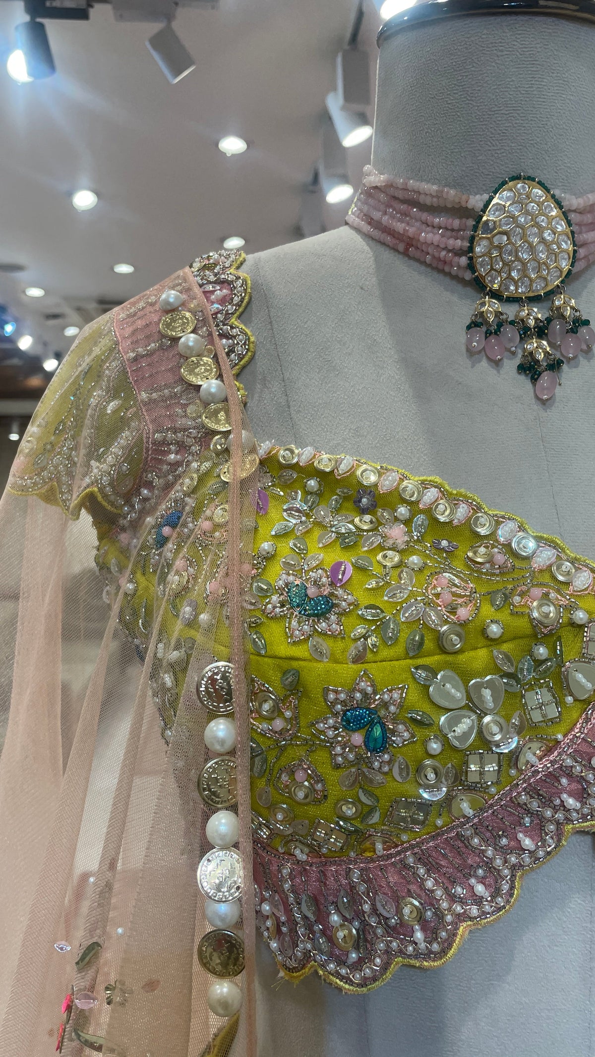 Green Net Lehenga with Pearl Embellishments & Contrasting Dupatta