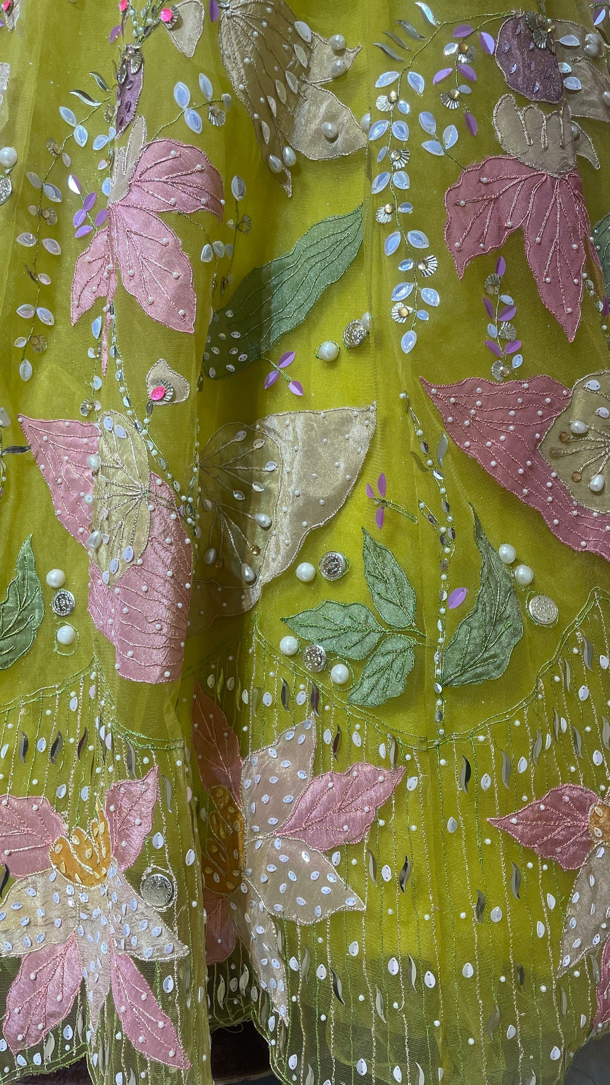 Green Net Lehenga with Pearl Embellishments & Contrasting Dupatta