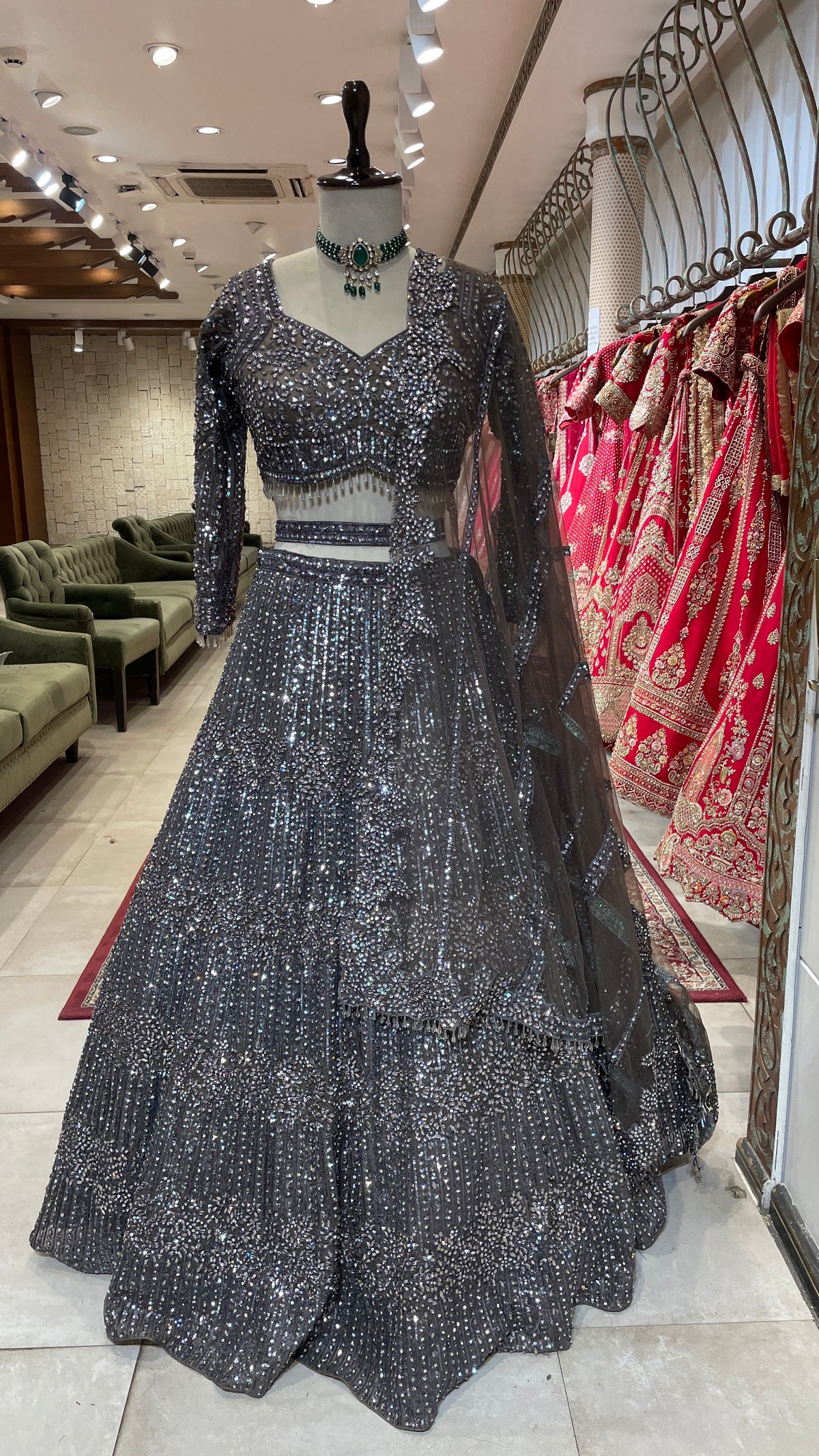 Silver Net Lehenga with Sequins & Bead Embellishments