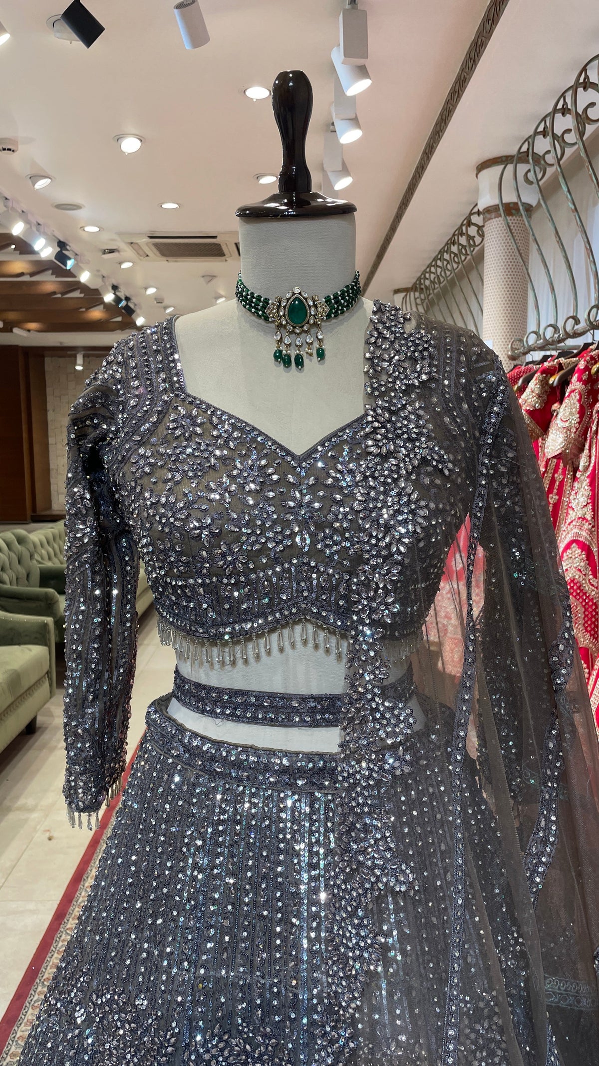 Silver Net Lehenga with Sequins & Bead Embellishments