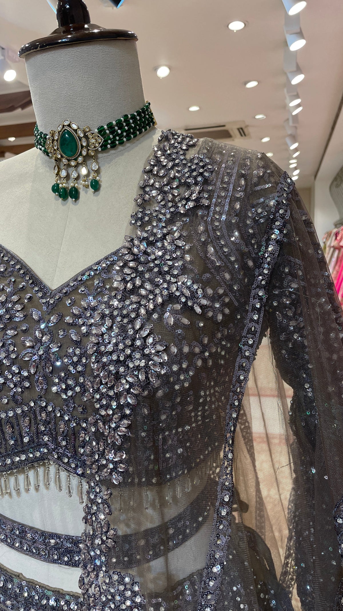 Silver Net Lehenga with Sequins & Bead Embellishments