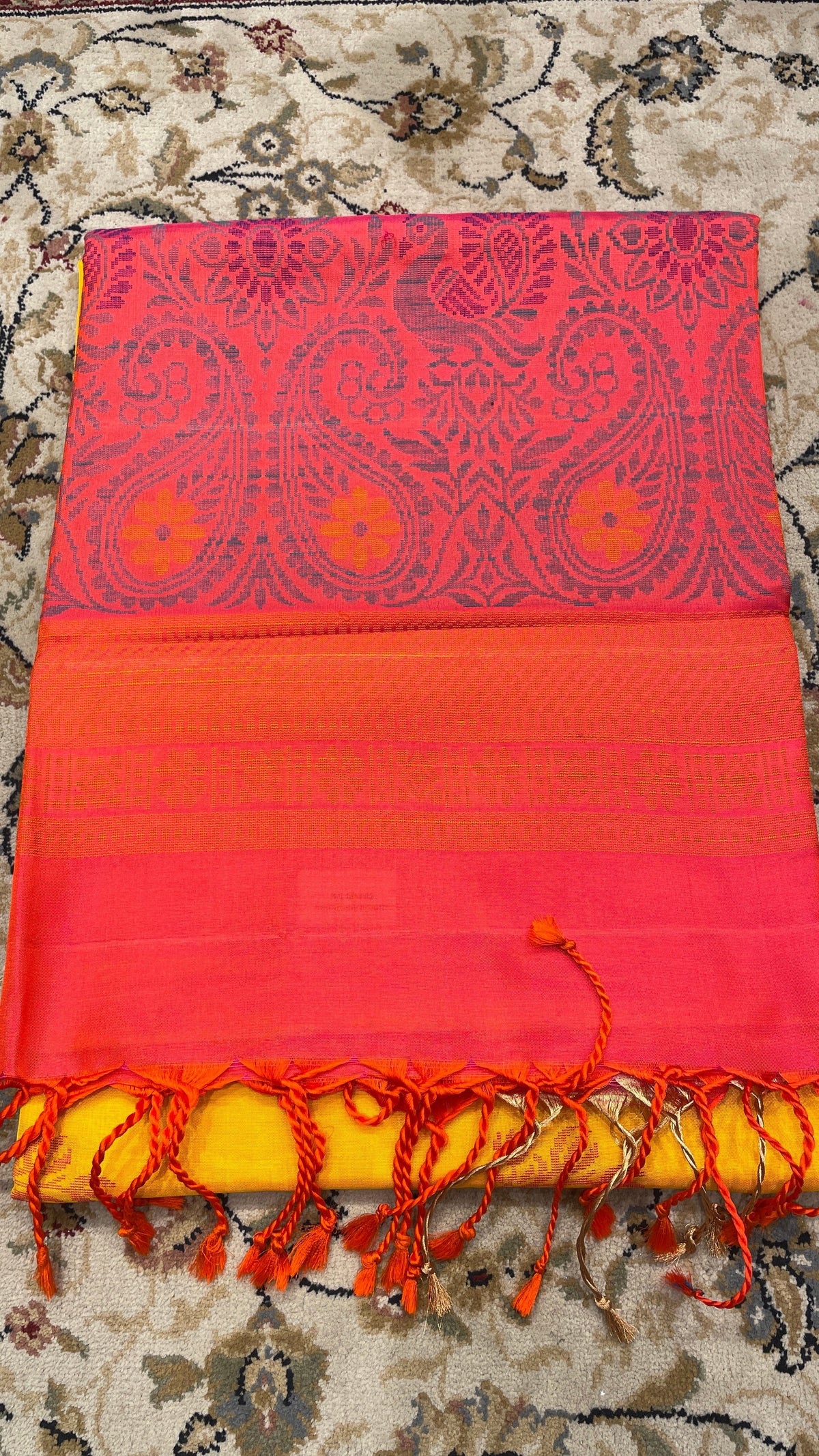 Yellow & Orange Handloom Silk Saree with Magenta Paisley Pallu