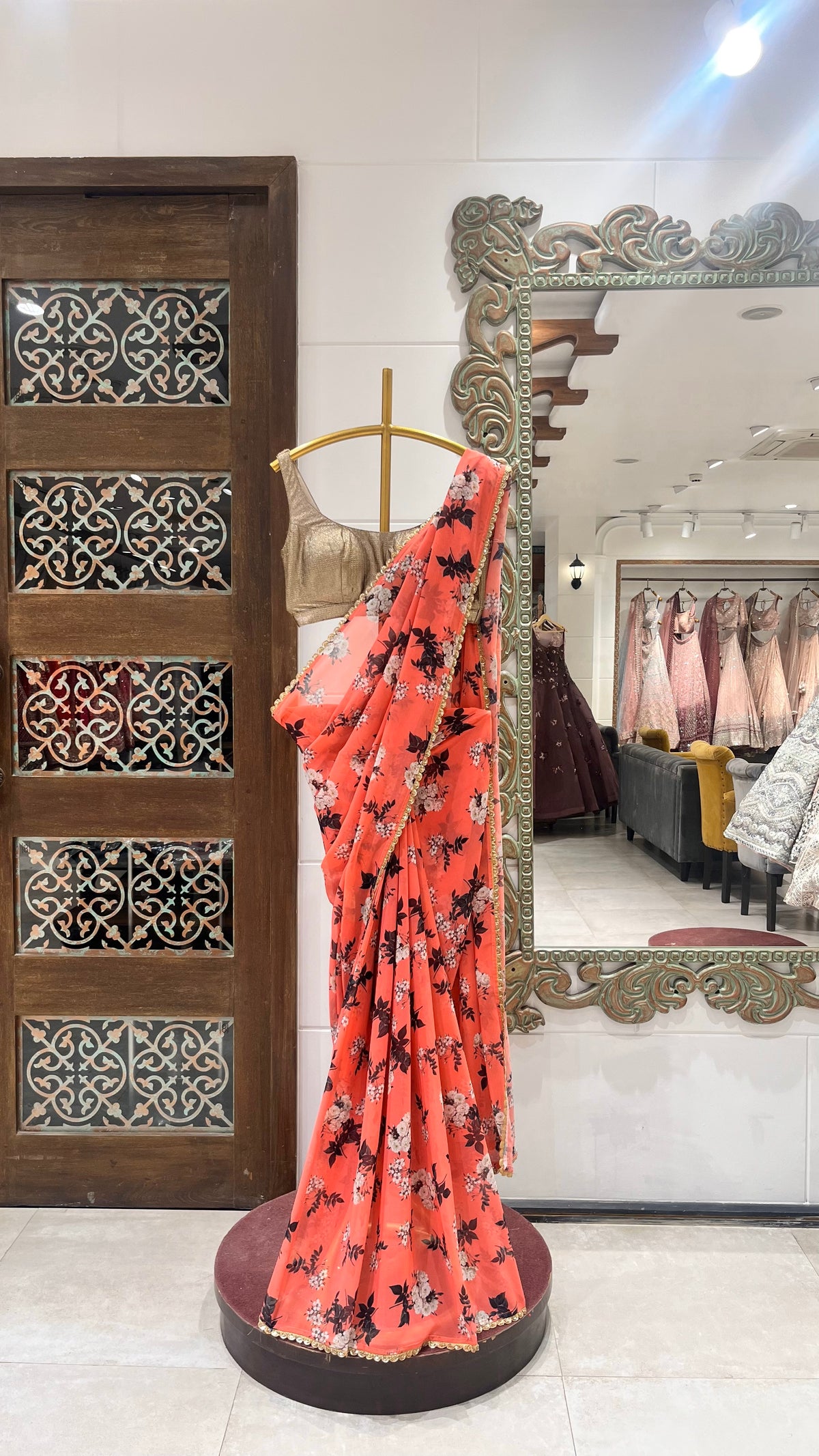 Coral with white floral saree