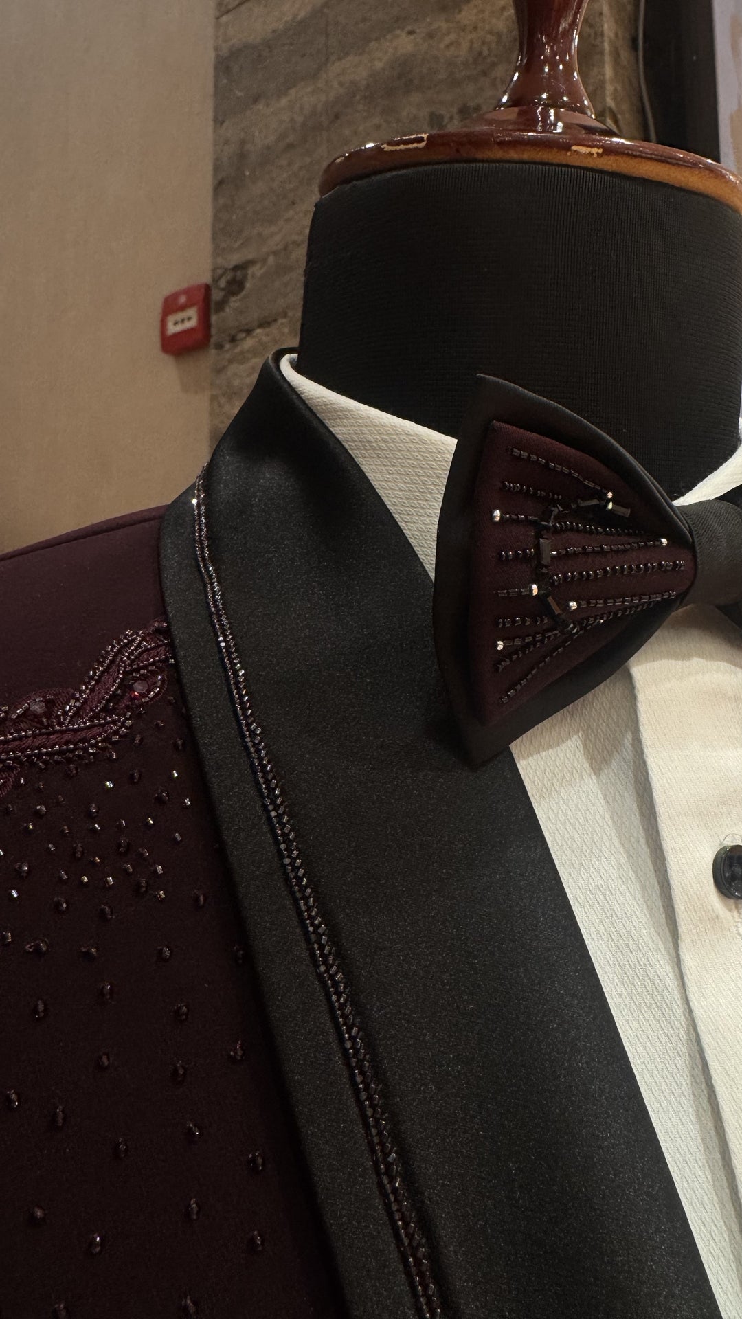 Wine Stone Embellished Tuxedo Set with Bow