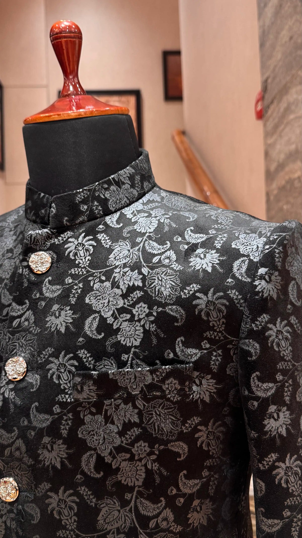 Black Bandhgala Jacket with Self Embroidery Work