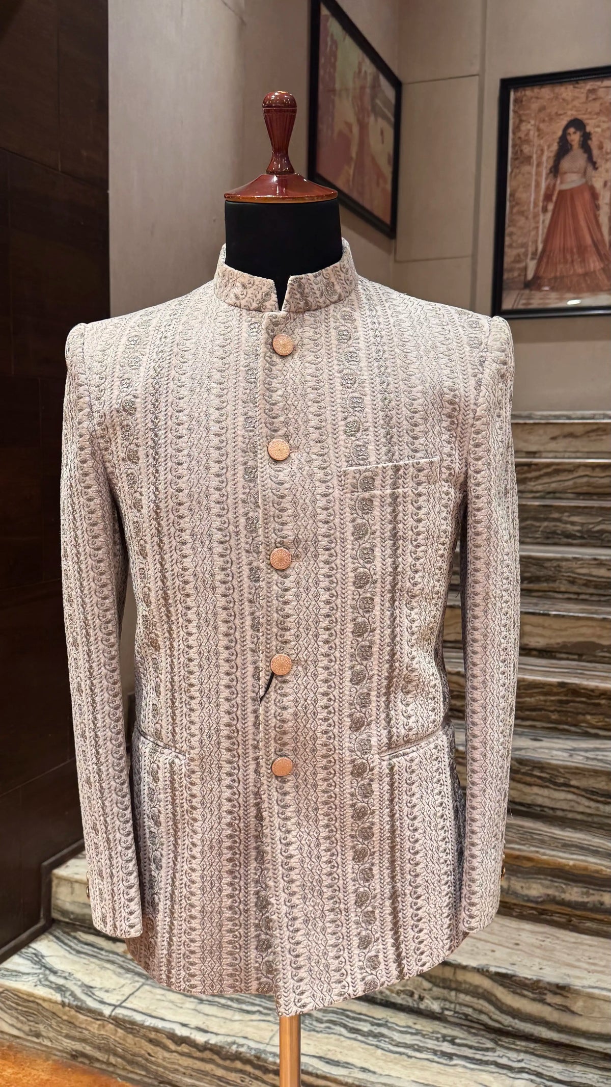 Pinkish Grey Bandhgala Jacket with Silver Embroidery