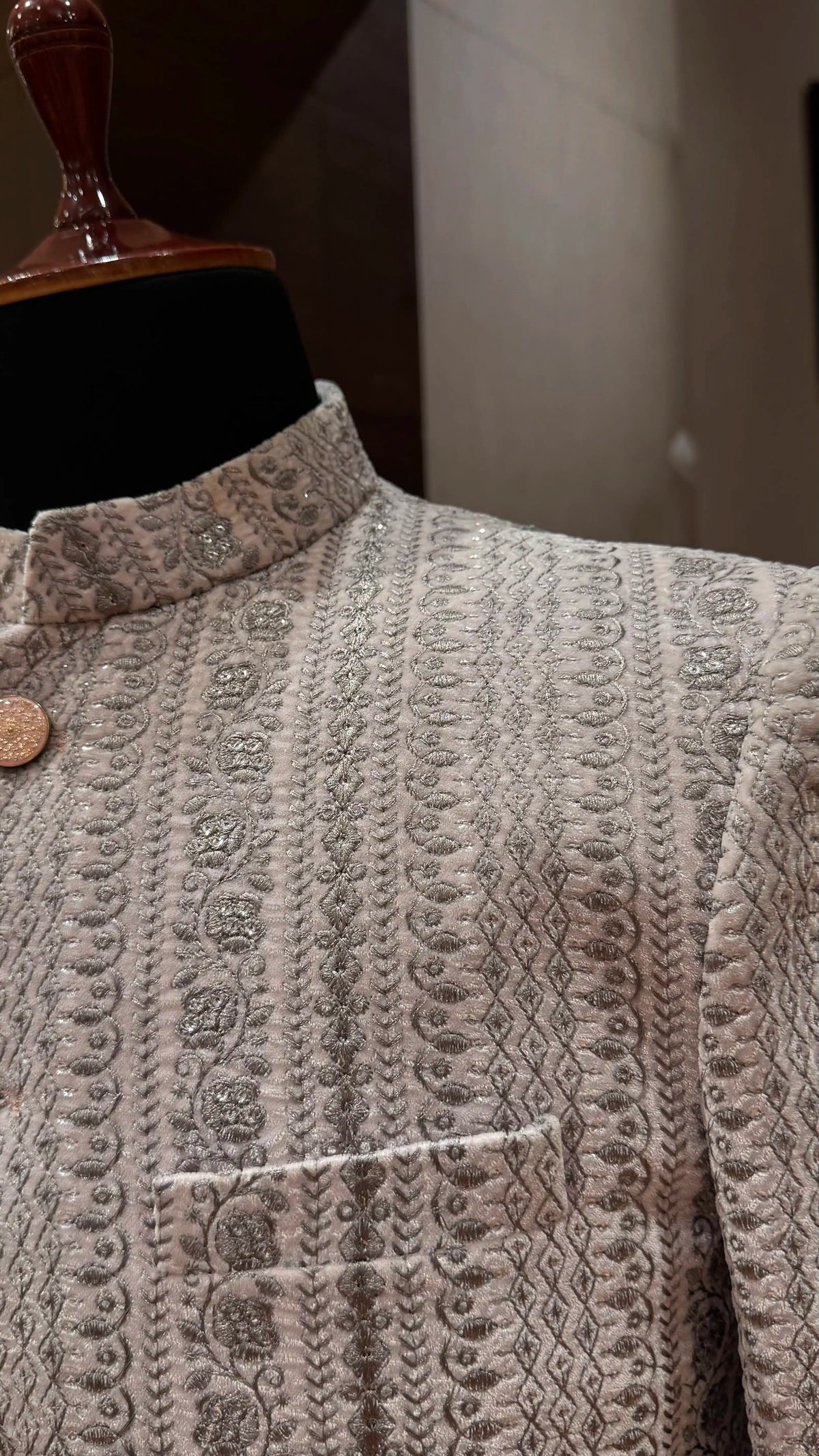 Pinkish Grey Bandhgala Jacket with Silver Embroidery