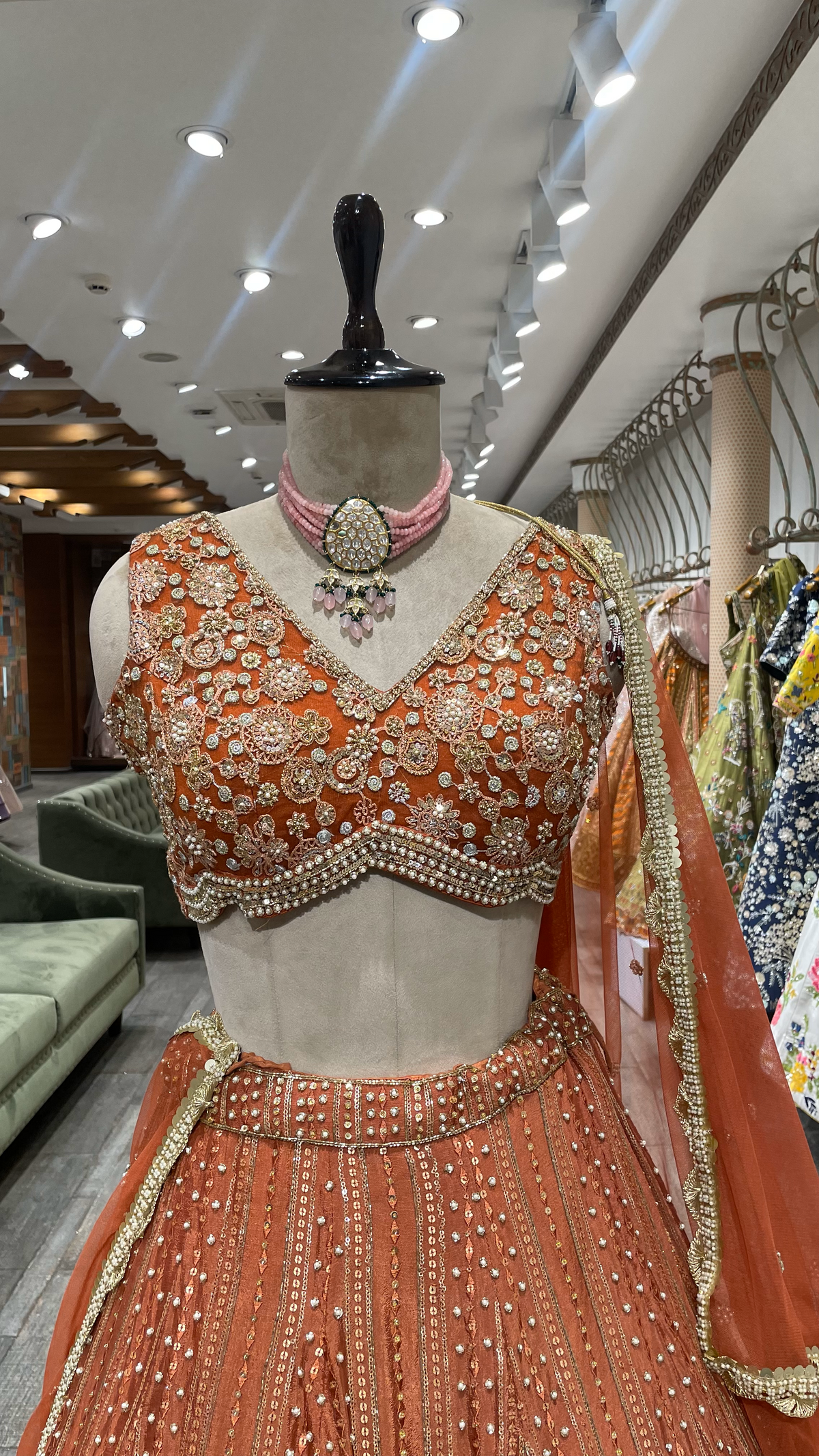 Rust Chinon Lehenga with Pearl Sequins & Pot Embellishments