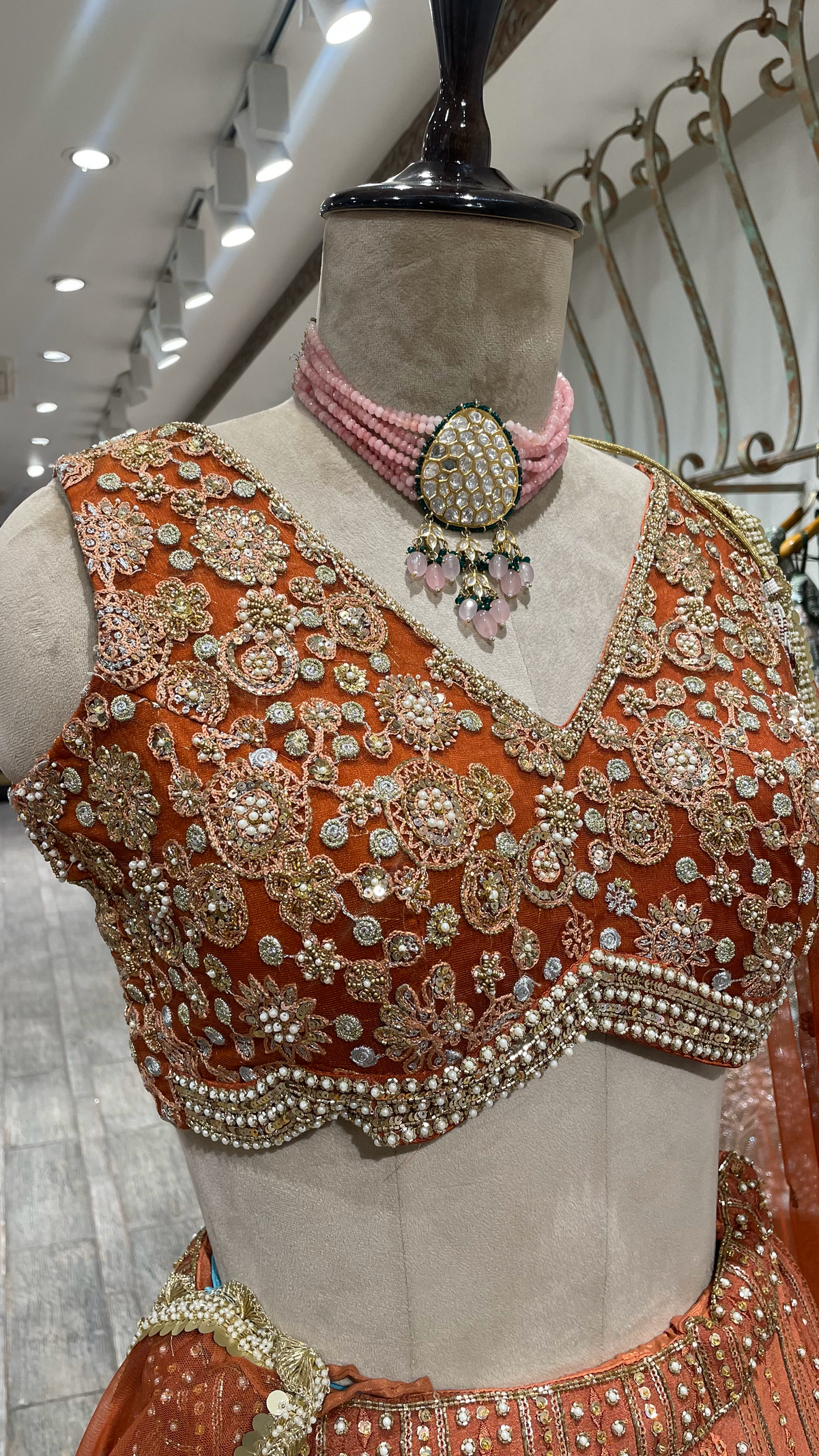 Rust Chinon Lehenga with Pearl Sequins & Pot Embellishments