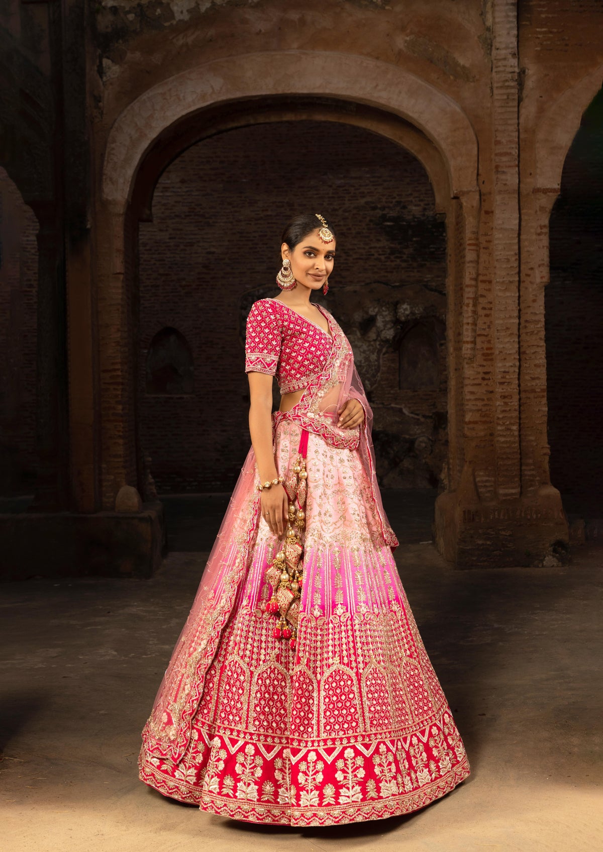 Pink Ombre Silk Bridal Lehenga with Sequins Jaalwork | Luxury Wedding Attire