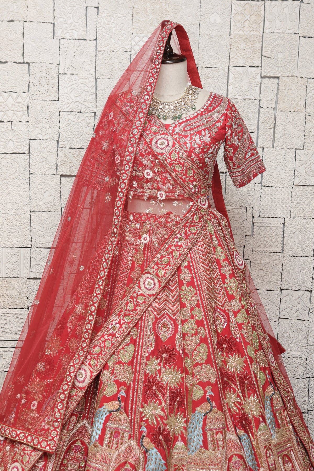 Red Bridal Lehenga with Royal Peacock Motifs & Heavy Zari Embroidery