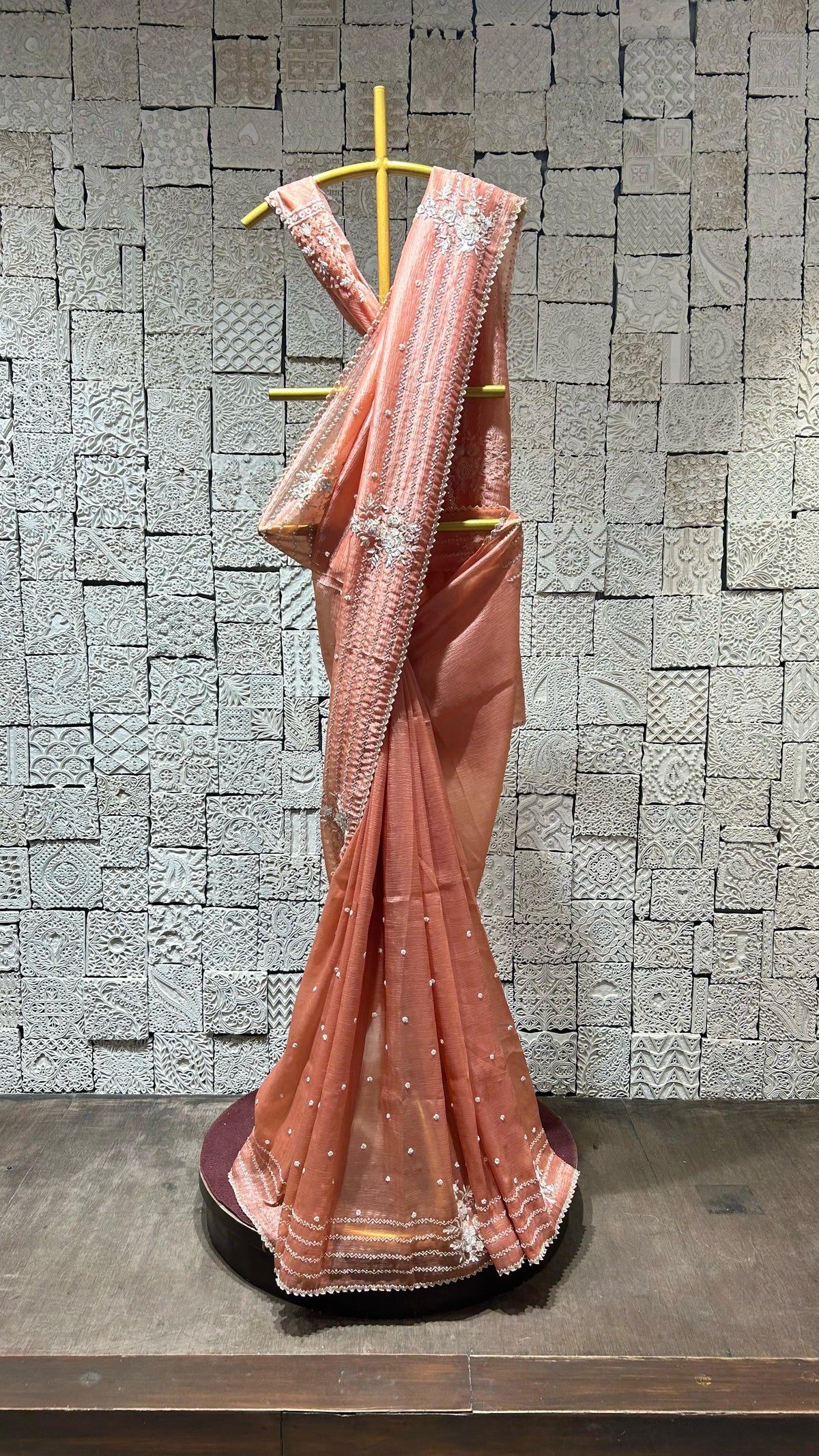 Gajri color saree with zig-zag border