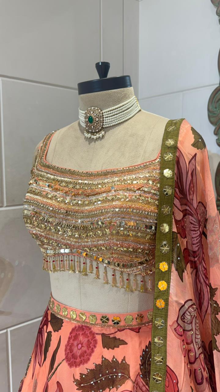 Peach & Green Floral Lehenga