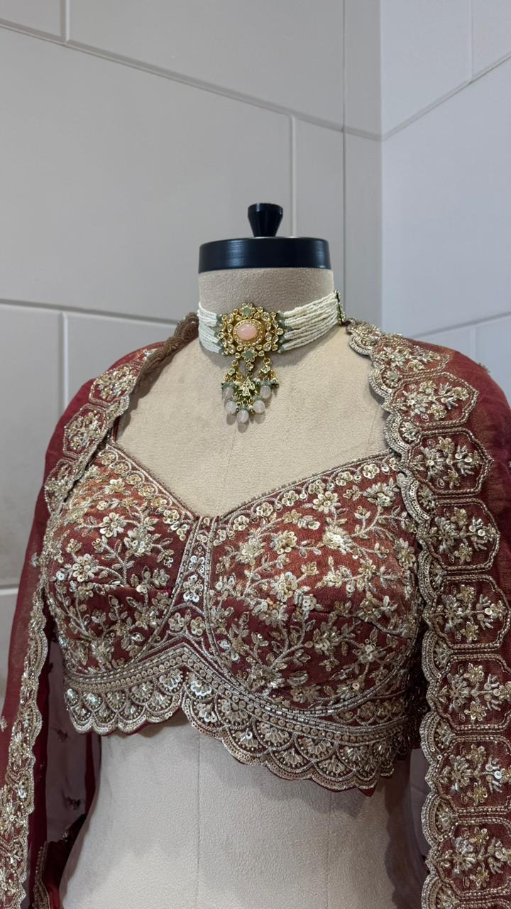 Maroon Hand-Embroidered Zardozi Velvet Lehenga Set