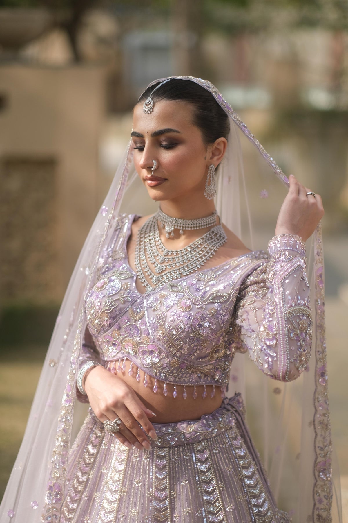 Lilac Net Lehenga with Floral Embellishments
