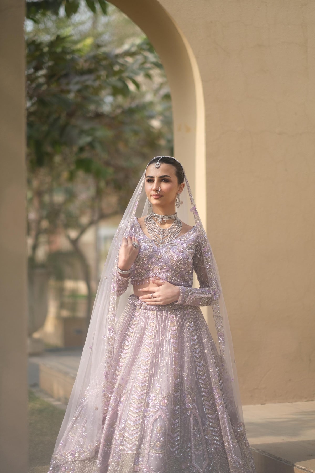 Lilac Net Lehenga with Floral Embellishments