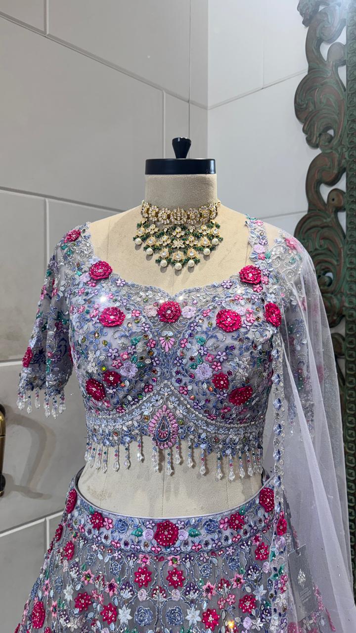 Grey and red flower lehenga