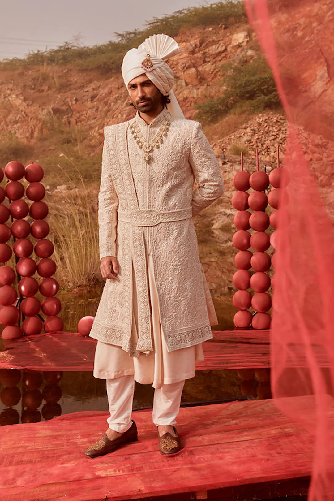 Off White Silk Sherwani with Heavy Hand Embroidery & Kamarband