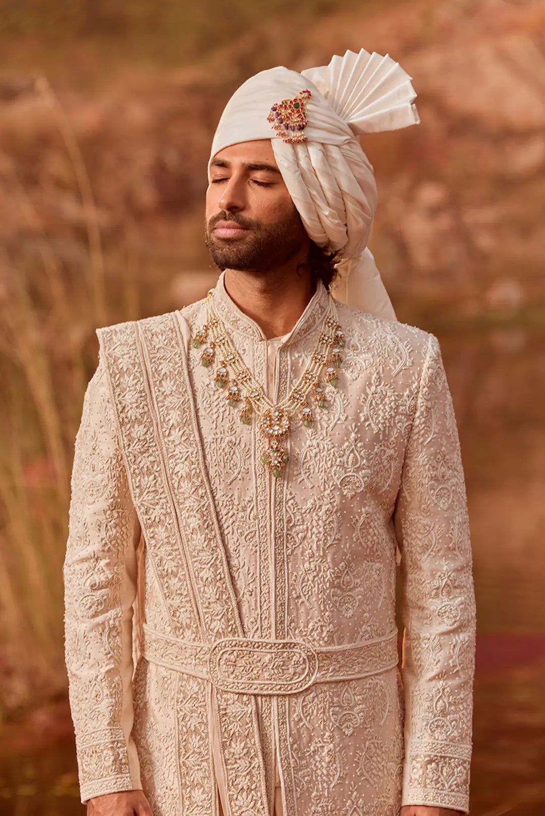 Off White Silk Sherwani with Heavy Hand Embroidery & Kamarband
