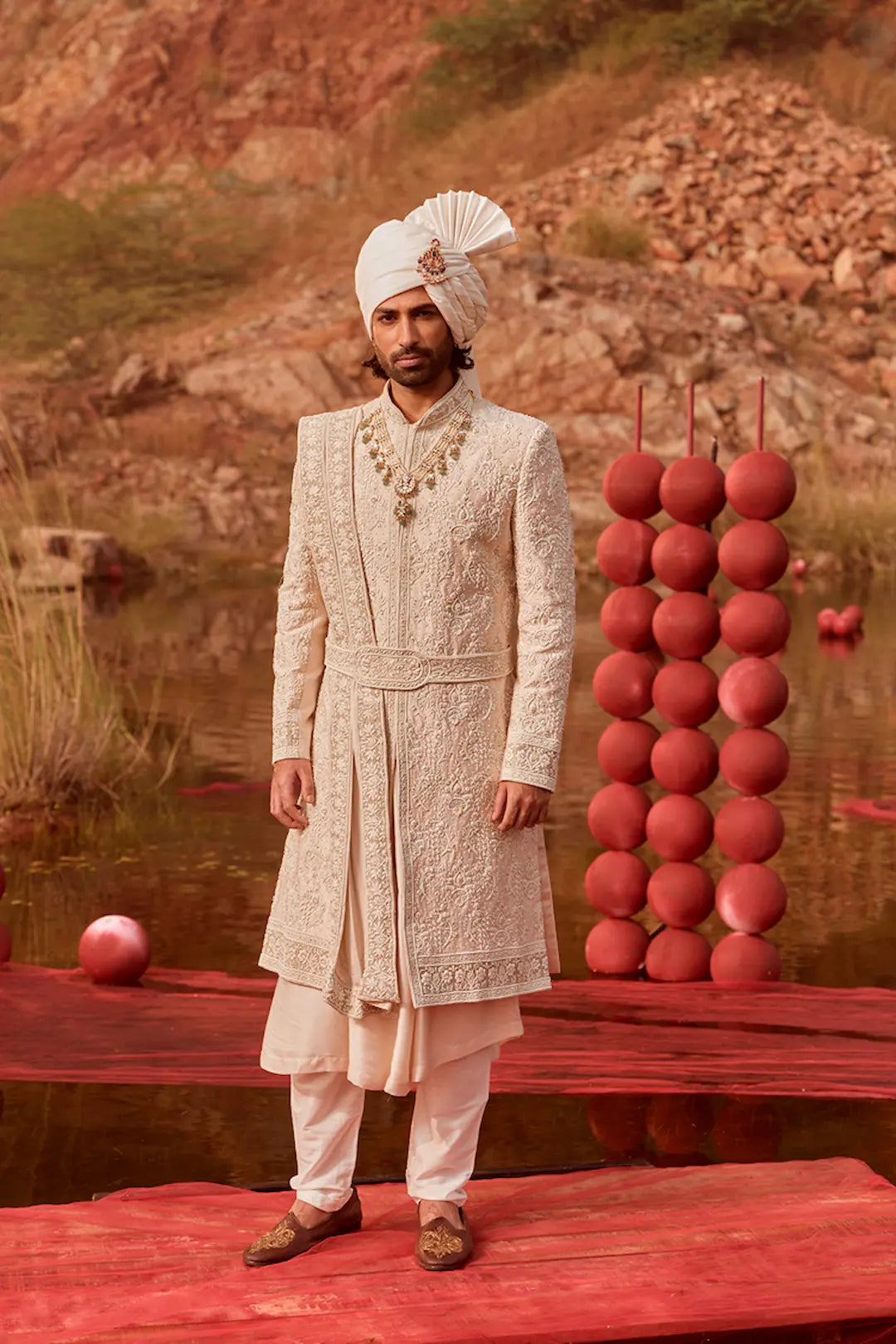 Off White Silk Sherwani with Heavy Hand Embroidery & Kamarband