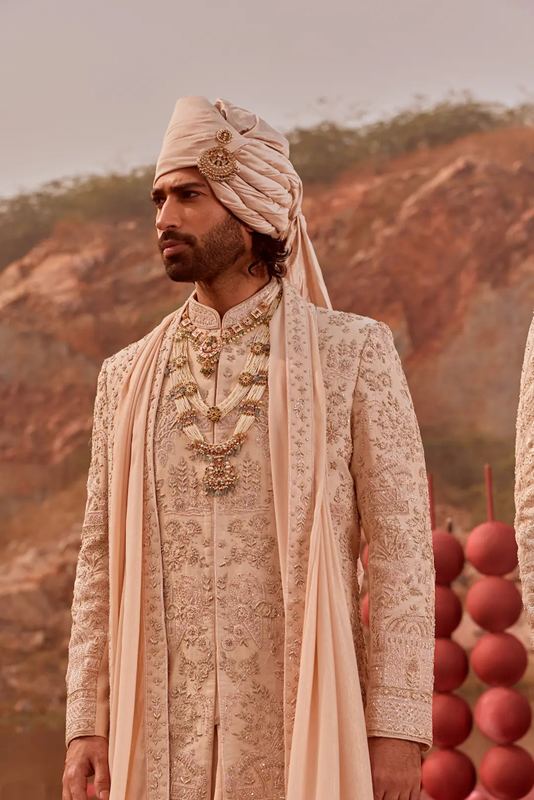 Peach silk Sherwani with zardozi work