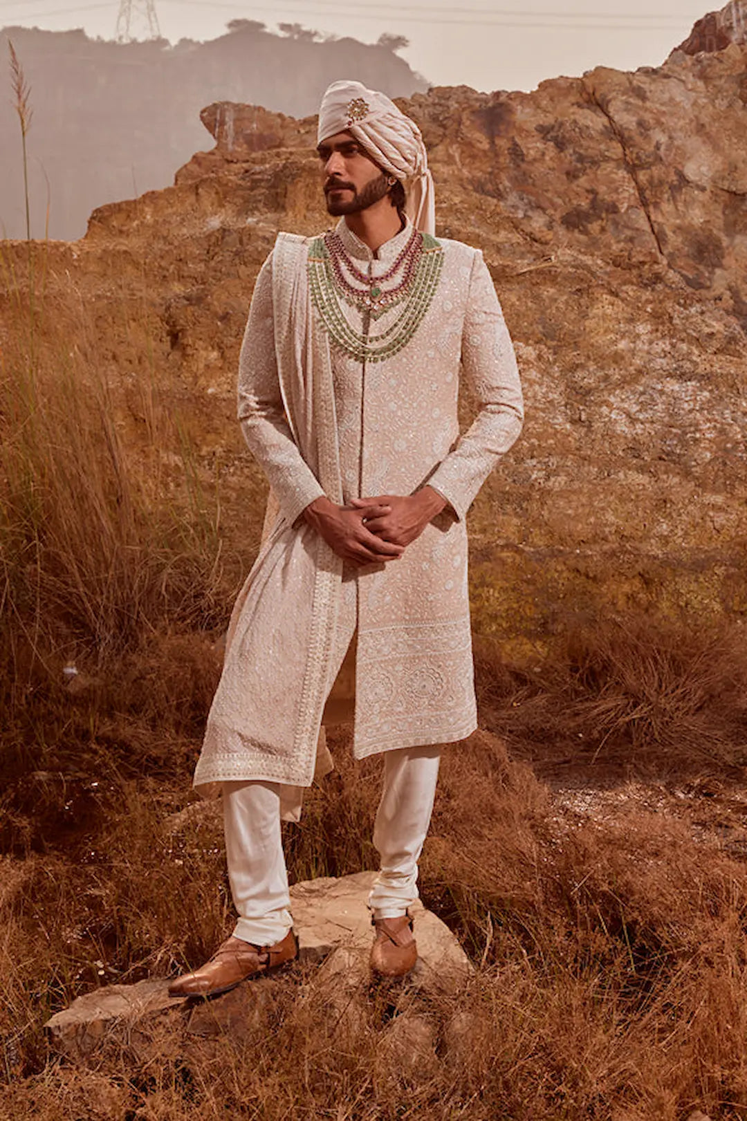 Beige Sherwani with pearl and thread work
