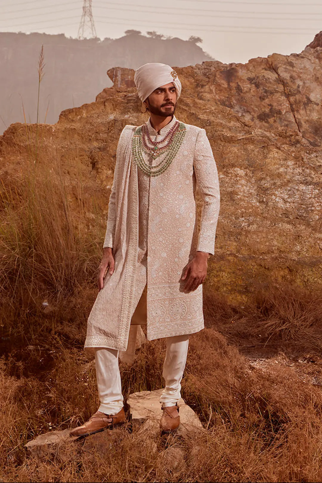Beige Sherwani with pearl and thread work