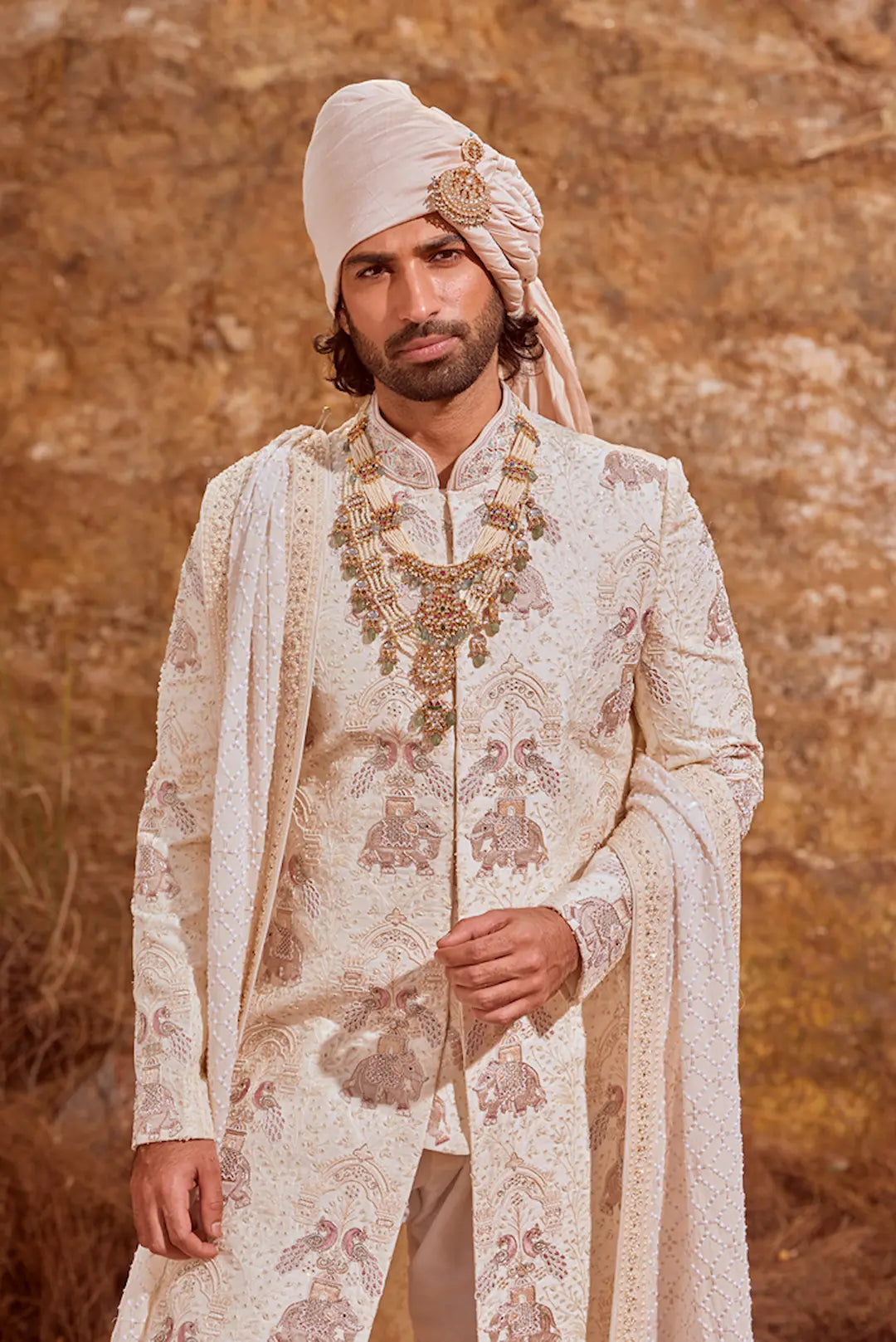Off White Sherwani with Elephant & Peacock Embroidery