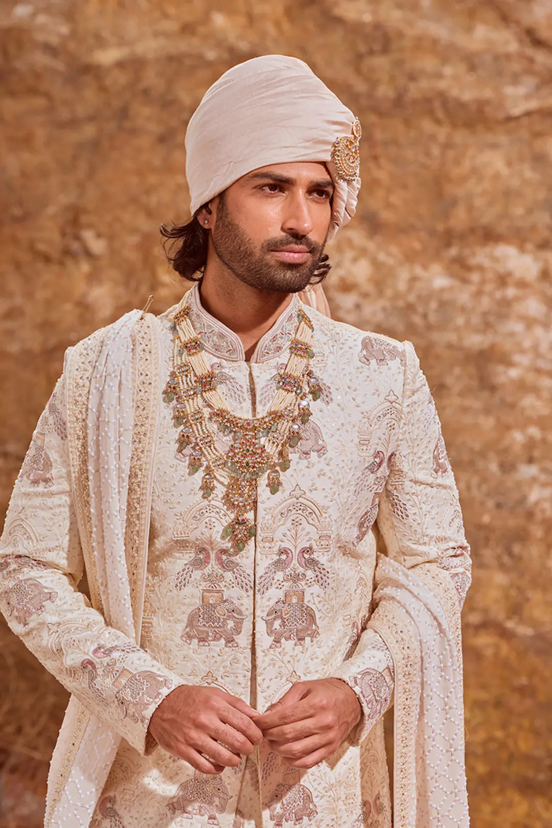 Off White Sherwani with Elephant & Peacock Embroidery