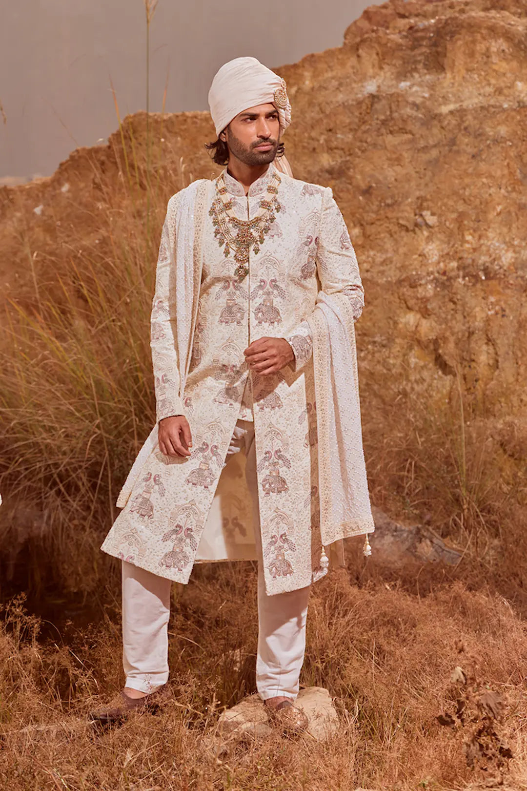 Off White Sherwani with Elephant & Peacock Embroidery